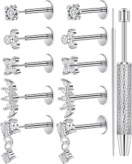 Lcolyoli 18K Gold Plated Flat Back Earrings Studs Surgical Steel Threadless Push-In Nose Studs with CZ 18G 20G Tragus Helix Conch Piercing Jewelry Taper Ball Grabber Tool for Easy Jewelry Changing