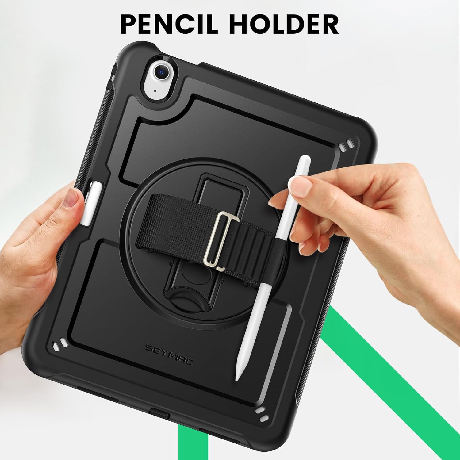 SEYMAC for iPad Air 11 Inch Case M4 / M3 / M2 (2026/2025 / 2024), Full-Body Shockproof Protective Case with Screen Protector, Rotating Stand, Hand/Shoulder Strap, Black