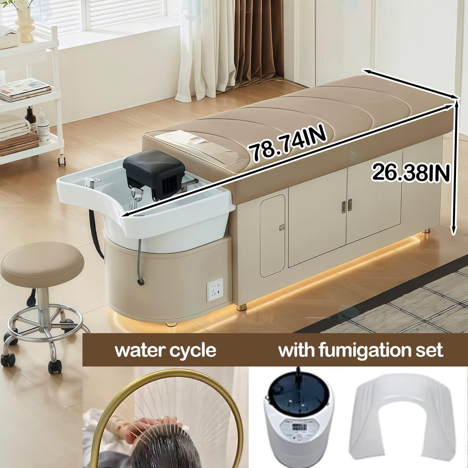 Salon szamponu Bed Head Spa z beżowym fotelem do masażu do mycia włosów i rzęs. Zawiera przechowywanie, funkcję dymu i cyrkulację wody.