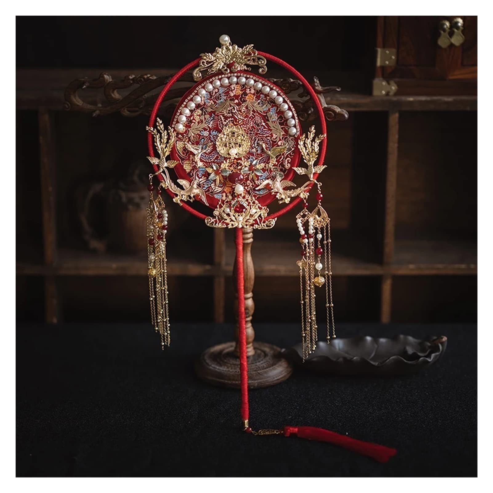 SUNMME Vintage Chinese Bridal Hand Fan Holding Phoenix Round Handmade Pearls Wedding Bouquet Long Handle