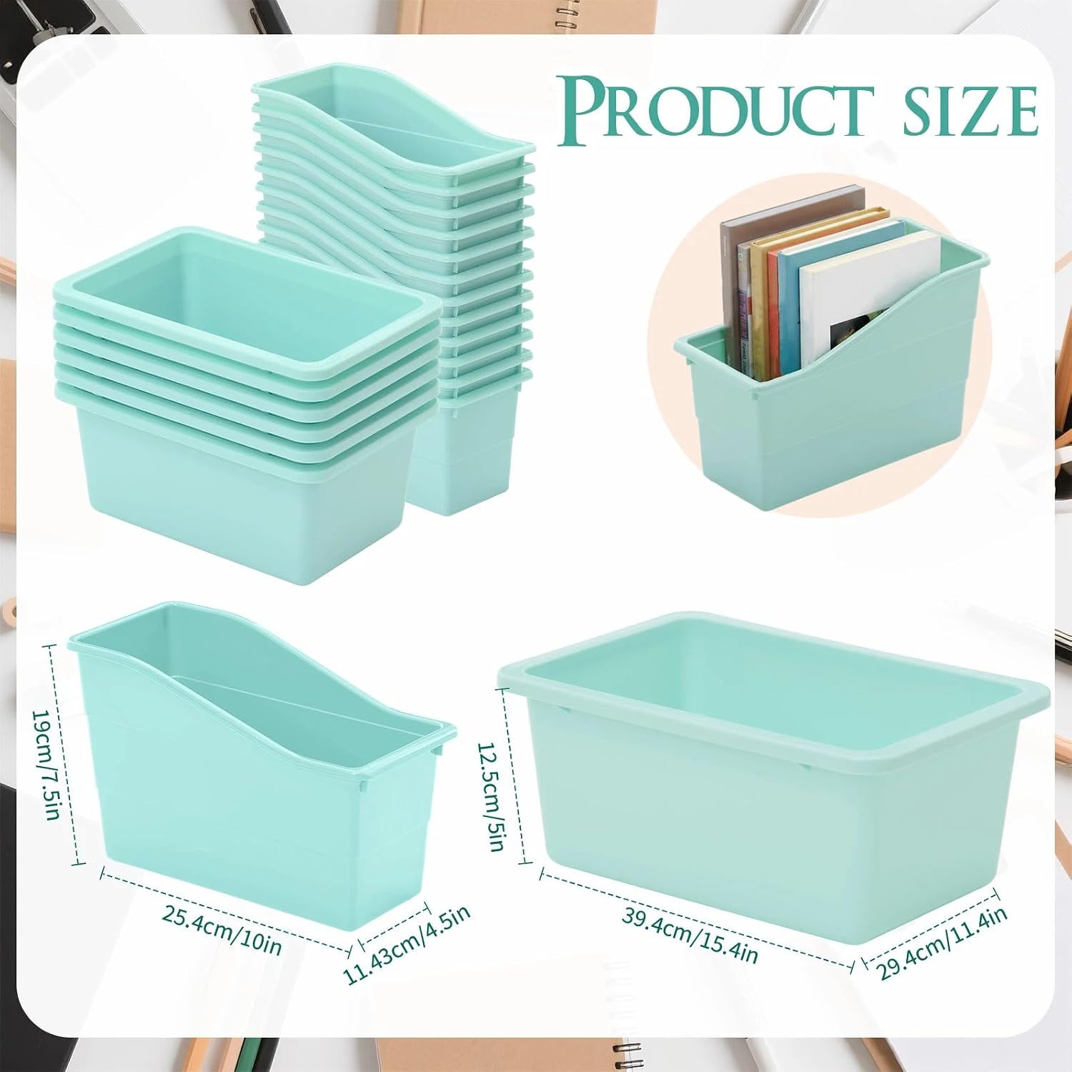 Harloon 24 Pcs Durable Book and Binder Holder and Cubby Bin Storage Bins Vertical Book Organizer Plastic Storage Container with 1 Pack Labels for Home Office Organization (Light Green)
