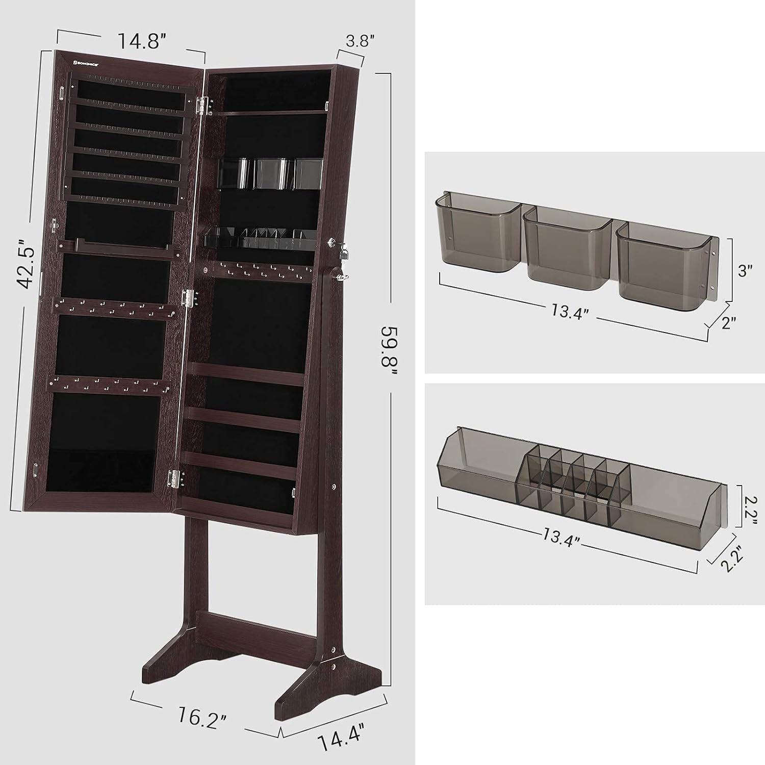 SONGMICS Mirror Jewelry Cabinet Armoire, Freestanding Lockable Storage Organizer Unit with 2 Plastic Cosmetic Storage, Brown UJJC002K01 : Everything Else