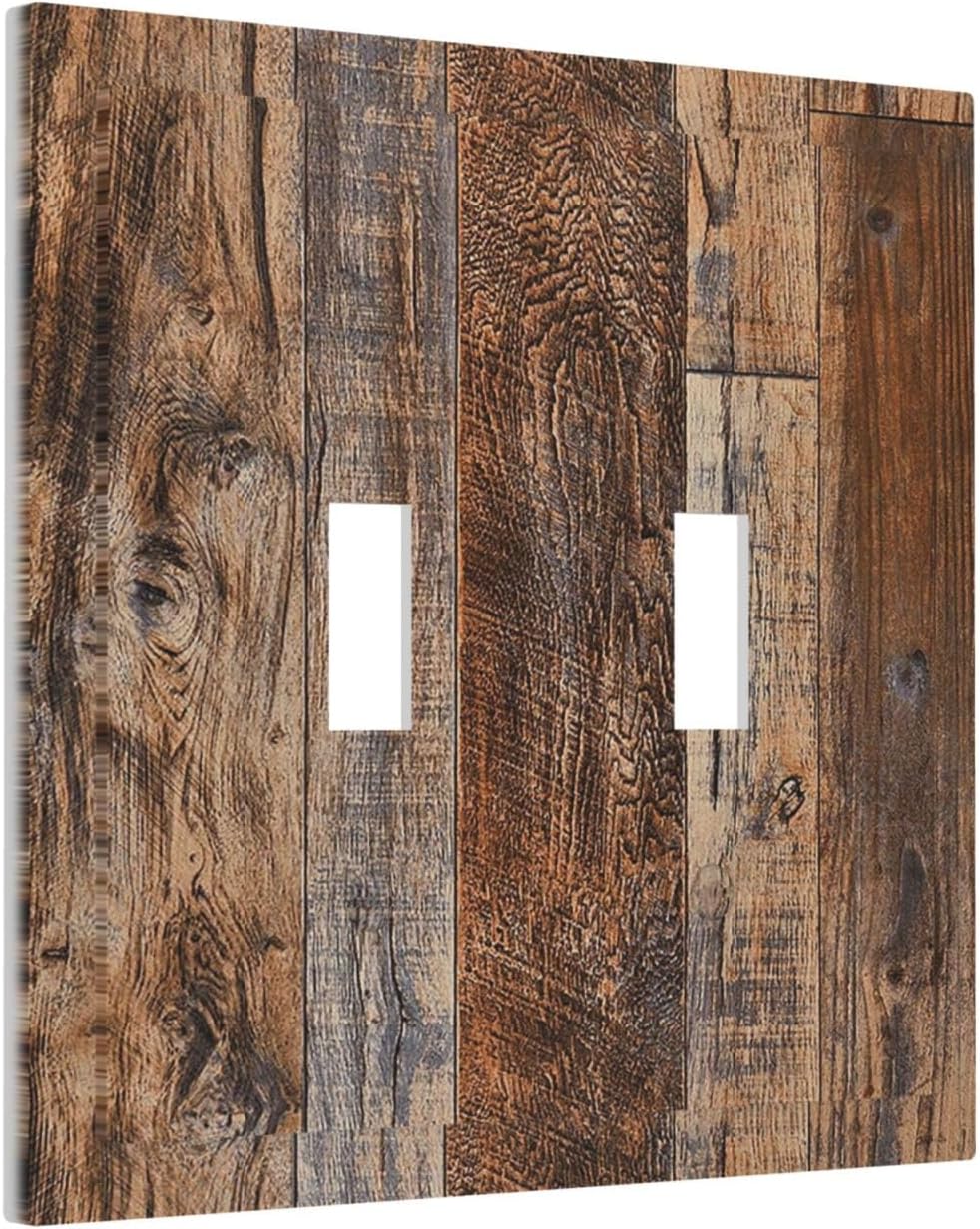 Rustic Brown Wood Grain Wall Plate Light Switch Cover Decorative 2 Gang Double Toggle Switchplate Electrical Faceplate for Bathroom Kitchen Bedroom 4.9 X 5 IN