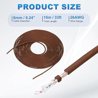 sourcing map Bulk XLR Microphone Cable 33 Feet, Raw DIY Mic Spool Wire, 26AWG Tinned Copper, OFC, 26 Gauge Audio Cable Spiral Copper Wrapped Shielding for 3-Pin XLR Connector, Brown