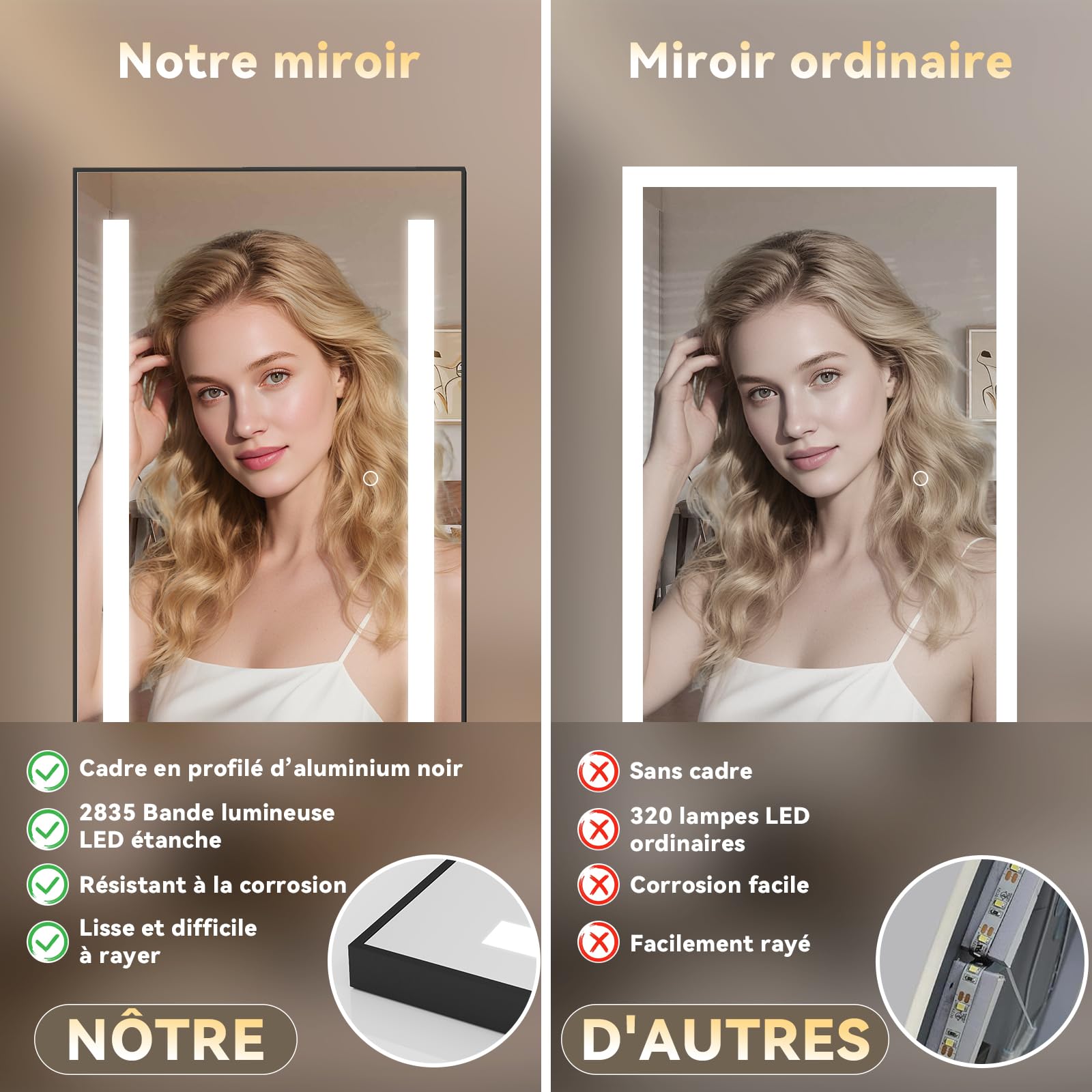 Grand Miroir sur Pied LED 150x50cm, Miroir Plein Pied Mural, 3 Couleurs Dimmable, Cadre Aluminium, Rectangulaire Noir