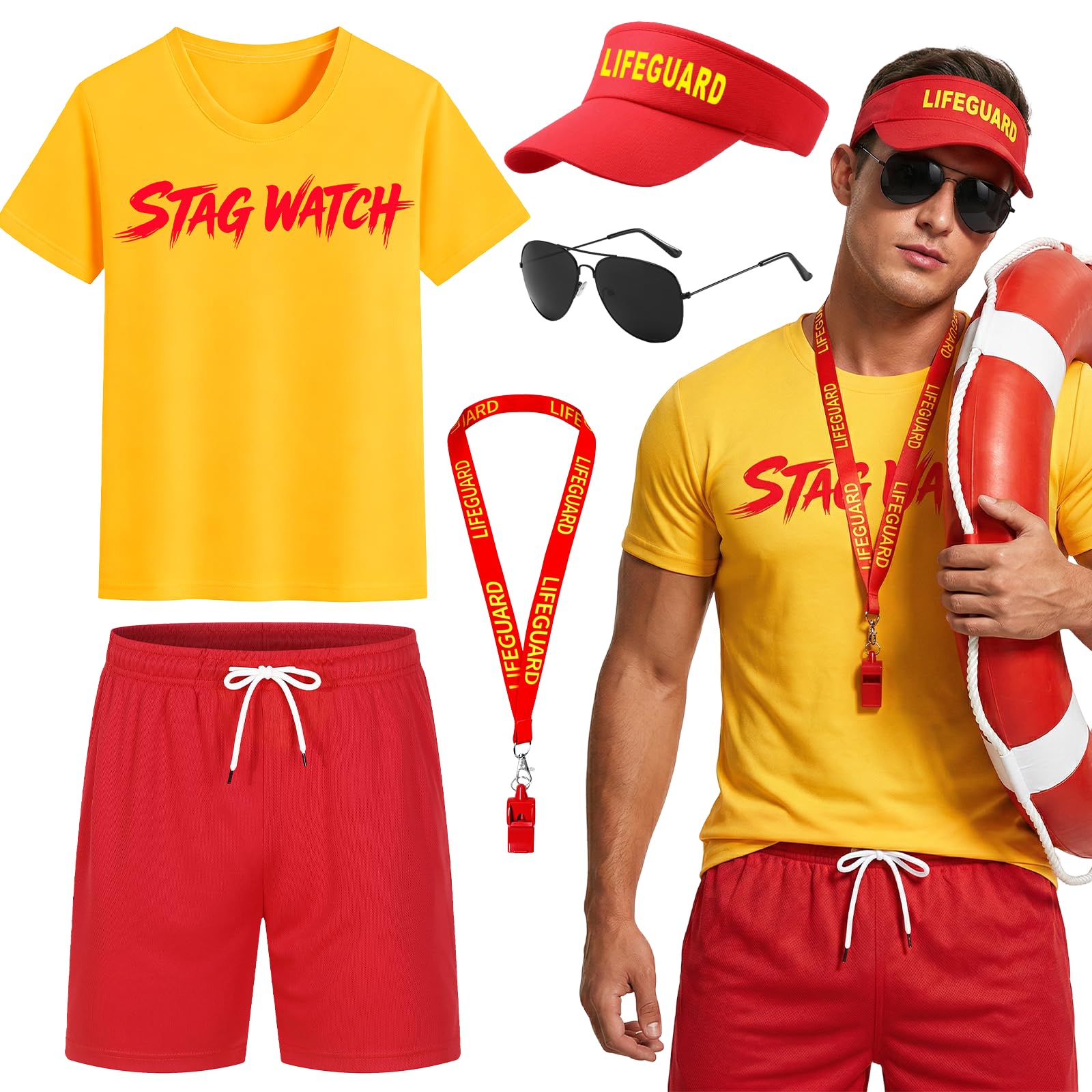 Vervora Lifeguard Costume Set for Adults, Stag Do Lifeguard Fancy Dress Outfit with T Shirt Shorts Visor Hat Whistle Sunglasses, Funny Stag Party Costume for Men Women Beach Pool Halloween (XL)