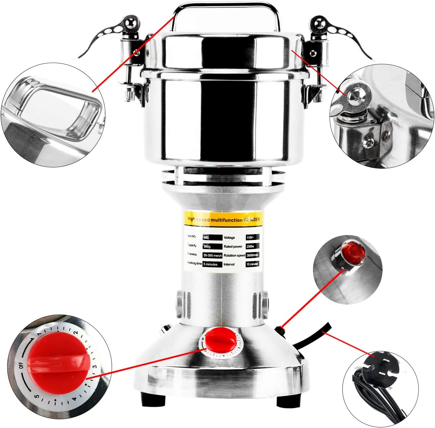 High Speed 500g Electric Grain Mill Grinder Powder Machine Spice Herb Grinder 2500W 70-300 Mesh 36000RPM Stainless Steel Commercial Grade for Kitchen Herb Spice Pepper Coffee (500g)