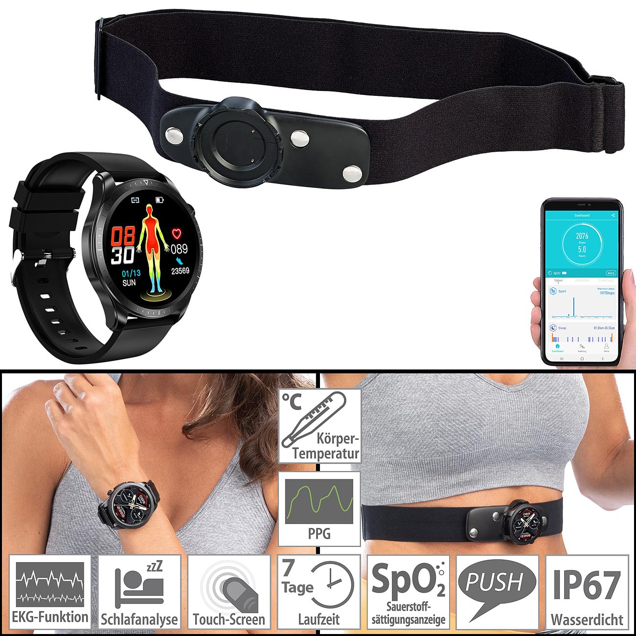 newgen medicals monitor della frequenza cardiaca: Fitness smartwatch con fascia toracica, Display a colori Full-Touch, Contapassi (orologio ECG, smartwatch frequenza cardiaca pressione sanguigna)