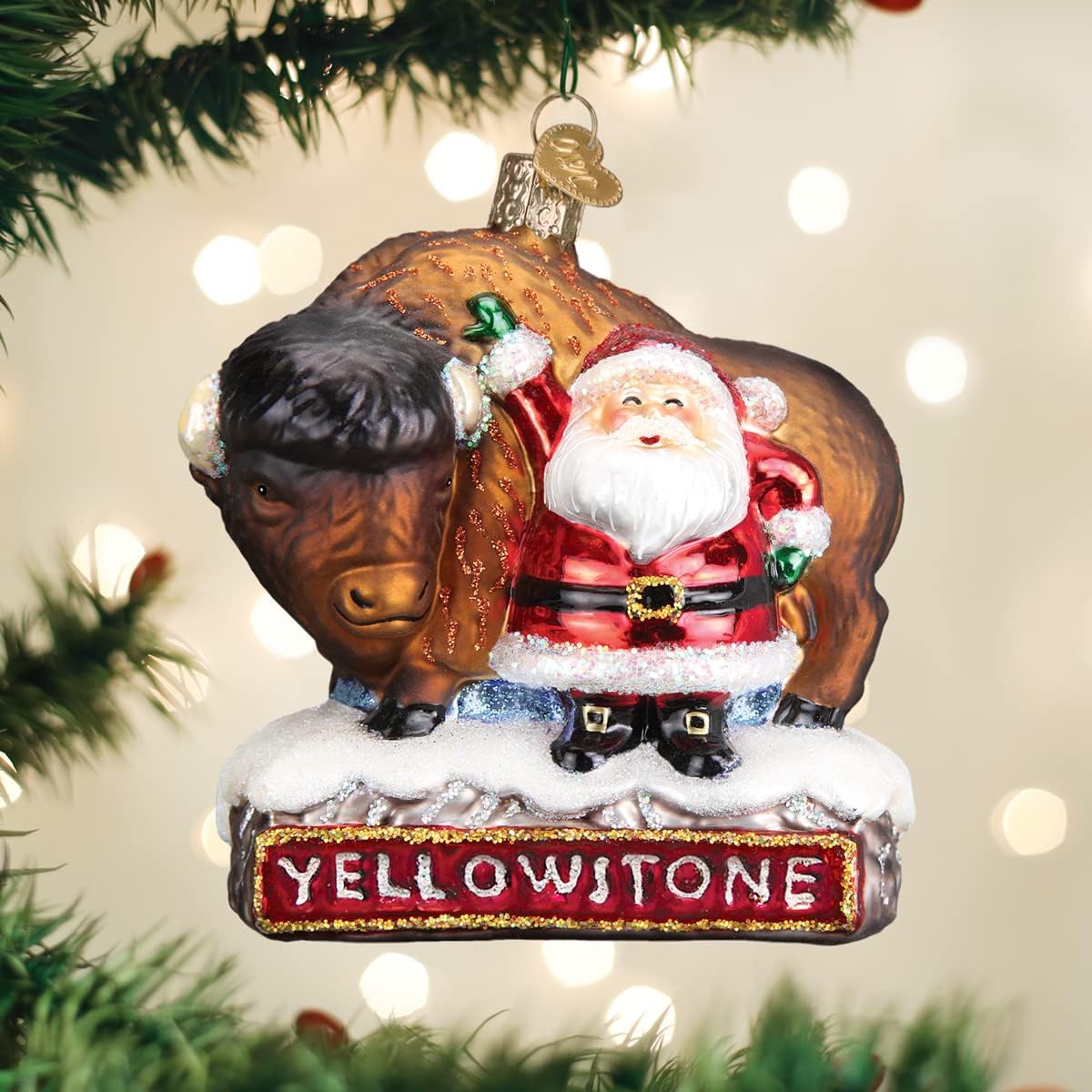 Old World Christmas Santa with Bison Glass Blown Ornament for Christmas Tree, Handcrafted Holiday Decoration, Santa Collection