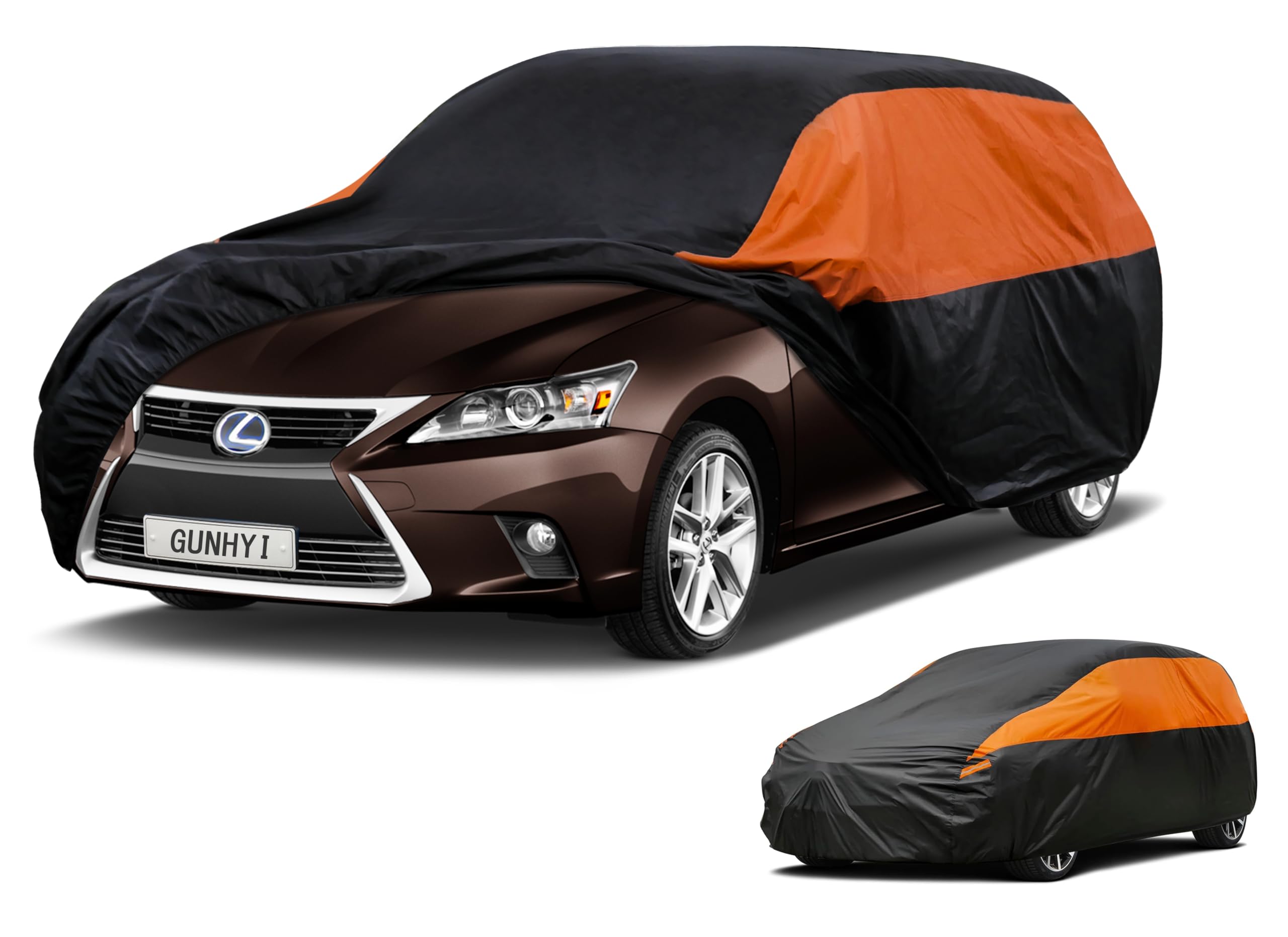 GUNHYI Waterproof Hatchback Full Car Cover Custom Fit Lexus CT CT200h | All‑weather Outdoor sun/rain/dust/snow/wind/UV protection, breathable lightweight fabric, black‑orange design,storage bag