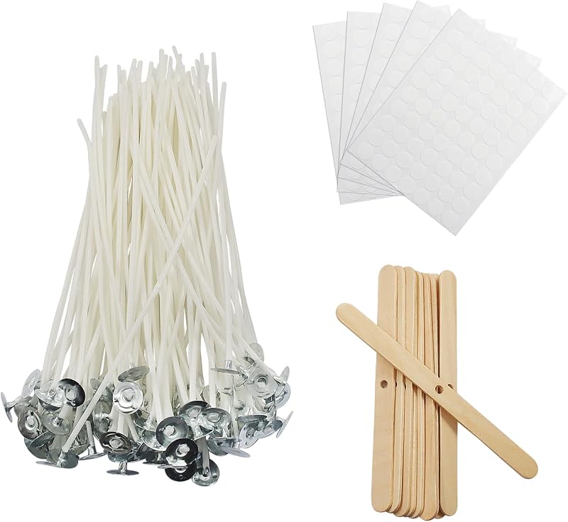 100 Pcs 6 Inch Candle Wicks, for Soy Beeswax, Coconut Wax DIY | Candle Making Kit, with 10 Pcs Wick Holders and 140 Pcs Wick Stickers