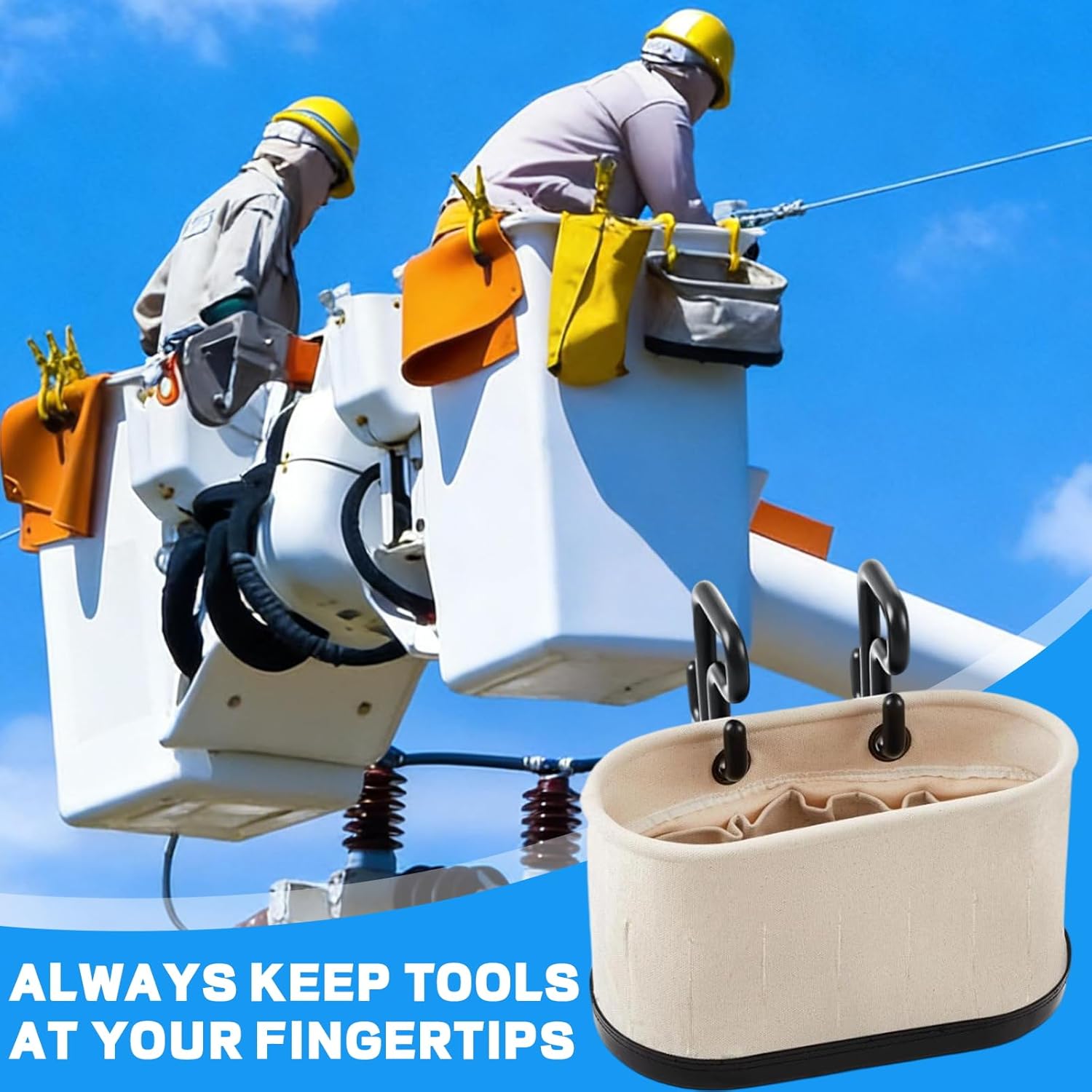 Canvas Bucket Bag, Aerial Oval Tool Bucket With Hooks & 15 Pockets, Oval Hard-Body Bucket Tool Organizer, Black Molded Polypropylene Bottom, for Industrial Maintenance Construction Sites (White)