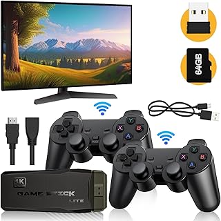 Retro Game Stick with 64GB SD Card, Support 15000+ Games, HDMI Output, 12 Emulators, 4K Plug and Play Retro Video Game Stick with Dual Wireless Controllers