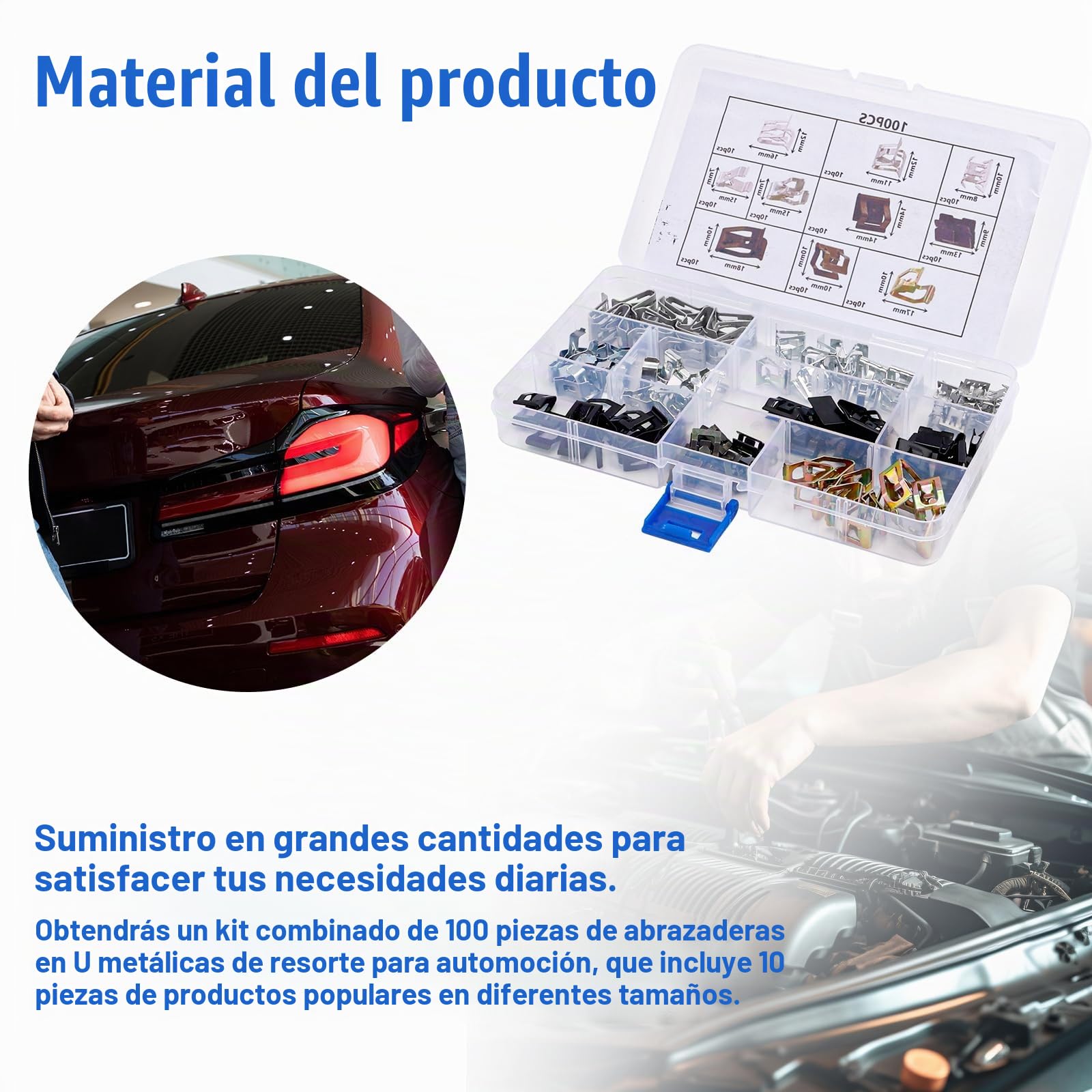 100uds Grapas Coche, 10 Tamaños, Clip en U para Automóvil Clip de Resorte para Panel de Moldura de Metal Clip de Moldura de Moldura Compatible con Beetle Touareg Jetta Atlas Cross Sport Etc.