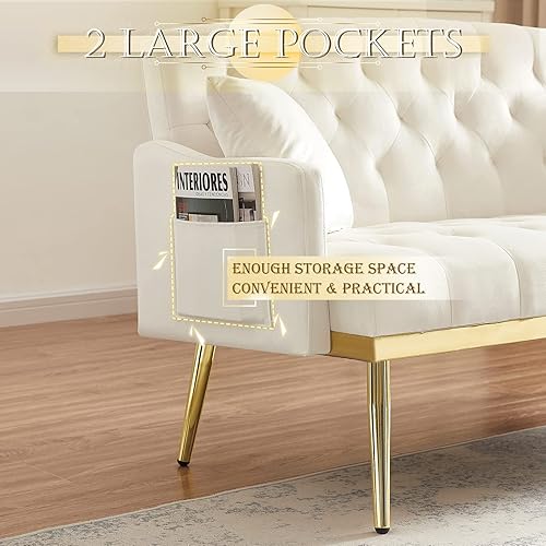 Miniatura 6 de Antetek Sofá Loveseat Tapizado de Terciopelo, Sofá Pequeño Moderno con Bolsillo Lateral y Patas de Metal Dorado, Sofá de Ocio Acolchado para Sala de
