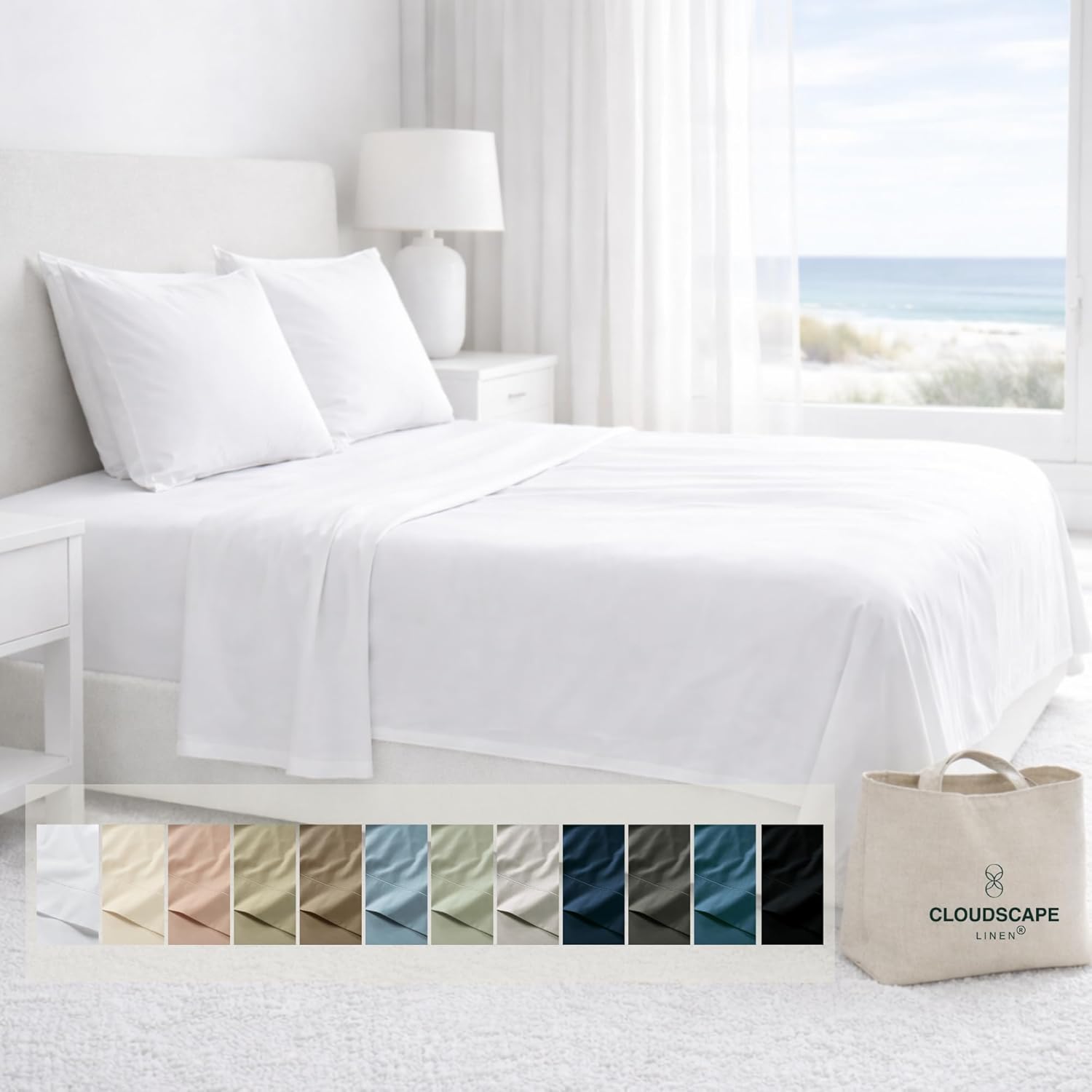 CLOUDSCAPE 100% Egyptian Cotton Sheets King Size, 4 Pieces Breathable and Naturally Cooling Bedding Set, Long-Staple Cotton for Lasting Softness, Deep Pocket Fitted up to 16” King Sheet, White