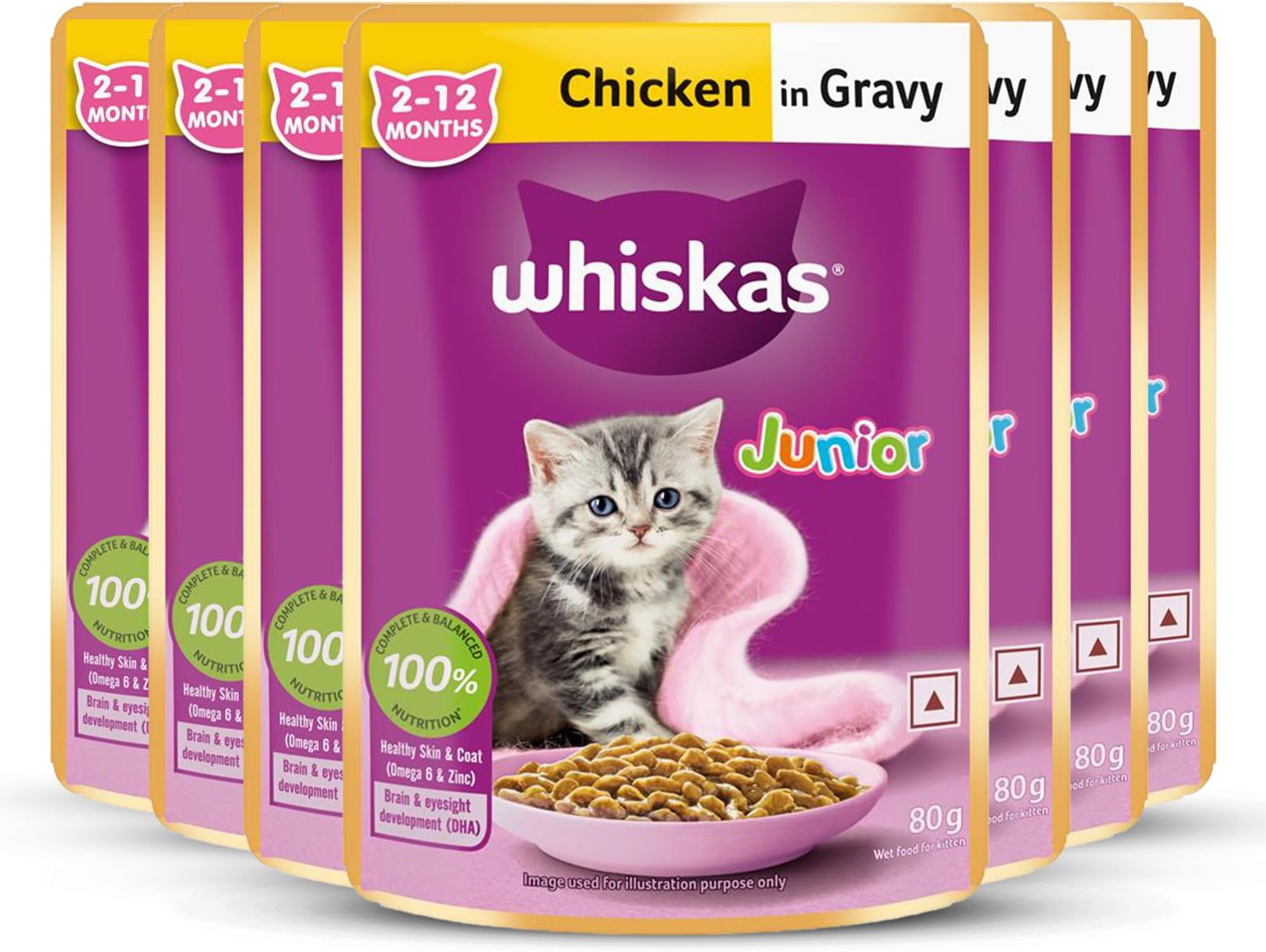 Whiskas Junior Kitten (2-12 Months) Wet Cat Food, Chicken in Gravy, 80 g, Hydrating Food Made with Real Chicken, 100% Complete & Balanced Nutrition for Kittens (Pack of 7)