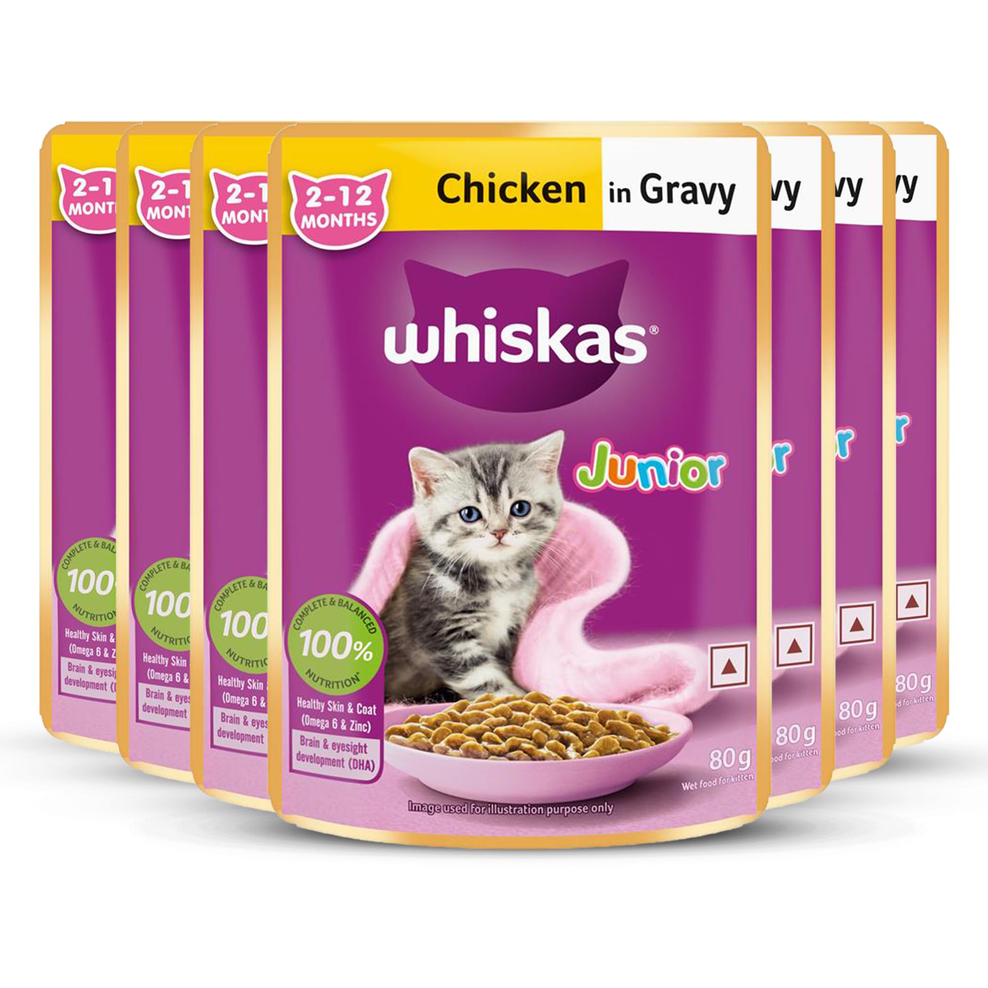 Junior Kitten (2-12 Months) Wet Cat Food, Chicken in Gravy, 80 g, Hydrating Food Made with Real Chicken, 100% Complete & Balanced Nutrition for Kittens (Pack of 7)