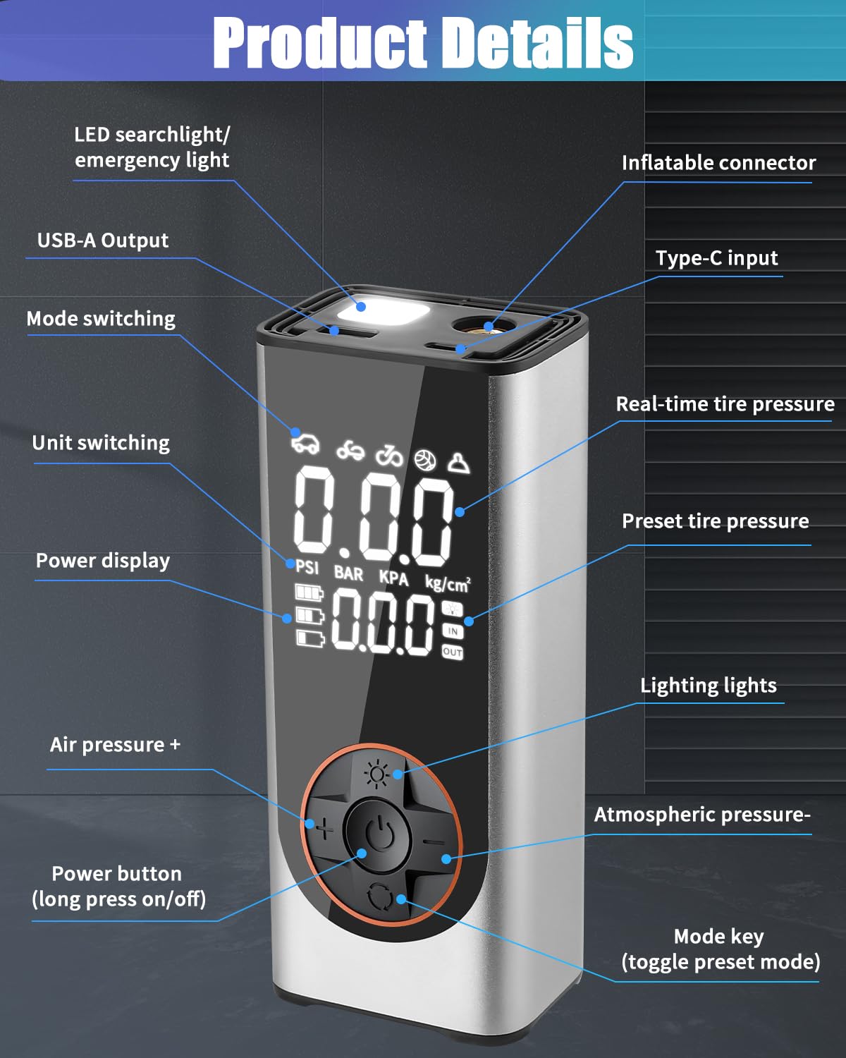 Gonfia Gomme Auto Portatile, 6000mAh 150PSI Mini Compressore Portatile Senza Fili, Gonfiatore Elettrico con 4 Ugelli, Torcia LED, Pompa Elettrica per Bicicletta per Auto, Moto, Biciclette e Palloni
