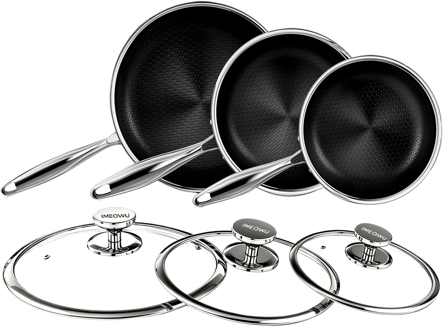 6-Piece Titanium Ceramic Nonstick Frying Pan Set, Dual Honeycomb Tri-Ply Stainless Steel Skillets 8/10/12in + Lids, PFOA & PFAS Free, Oven/Dishwasher Safe, Induction Ready