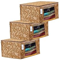 Kuber Industries Metalic Printed 3 Piece Non Woven Fabric Saree Cover Set with Transparent Window, Extra Large, Beige-CTKTC31896