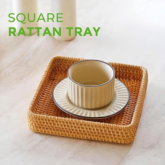 Rattan Serving Tray,Rectangle Woven Tray,Natural Wicker Rattan Woven Basket,Countertop Decorative Wicker Plate for Depositing Fruit Vegetables Drink Snacks Breakfast (M)