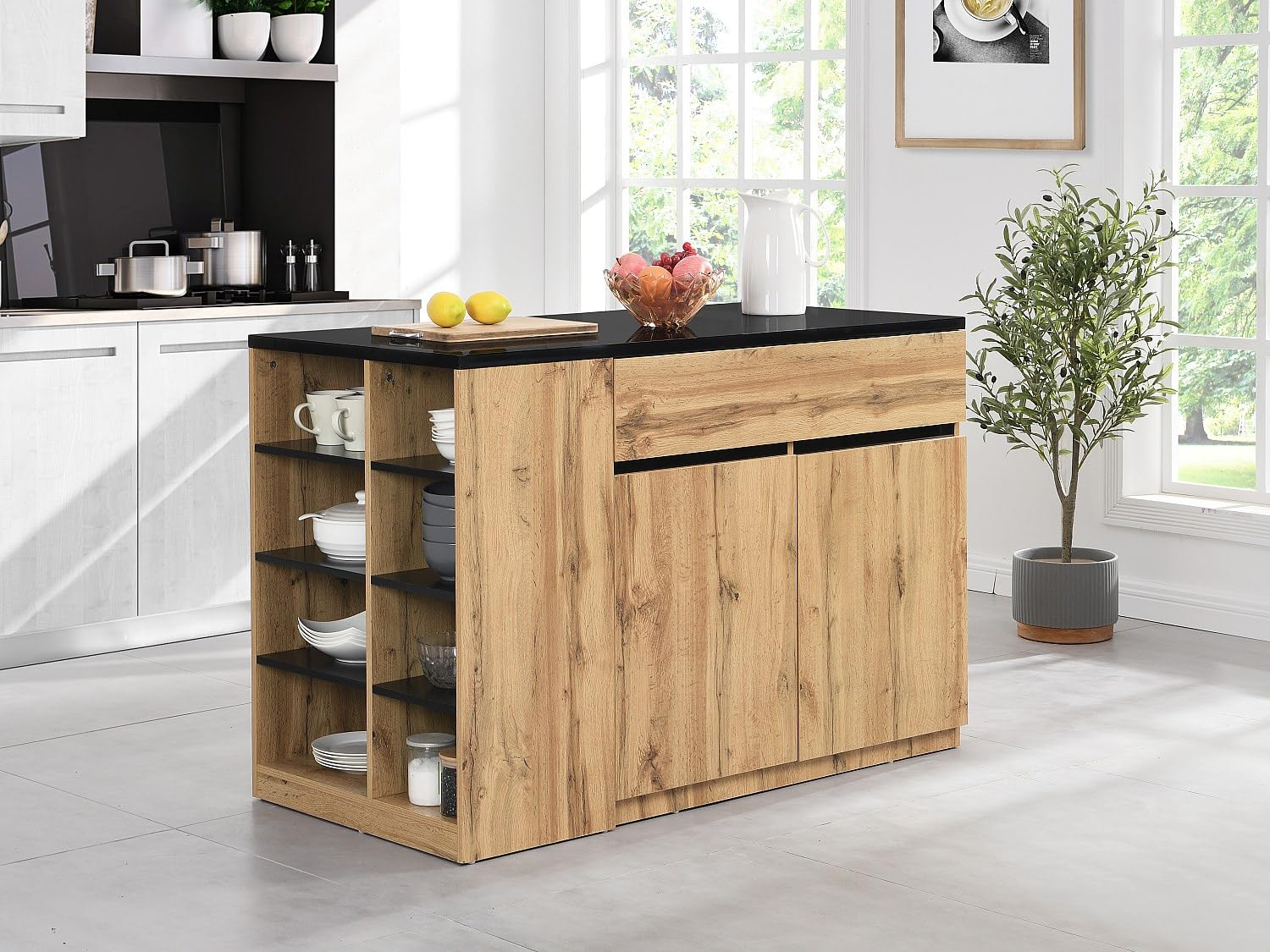 Vente-unique - Kücheninsel 4 Meili - MDF - schwarz, naturfarben hell
