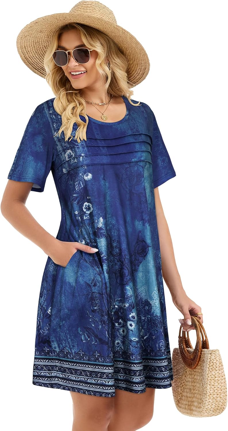 elescat Sundress for Women Casual Loose Summer Short Sleeve Pleated Front Crew Neck T Shirt Dress with Pockets - Image 3