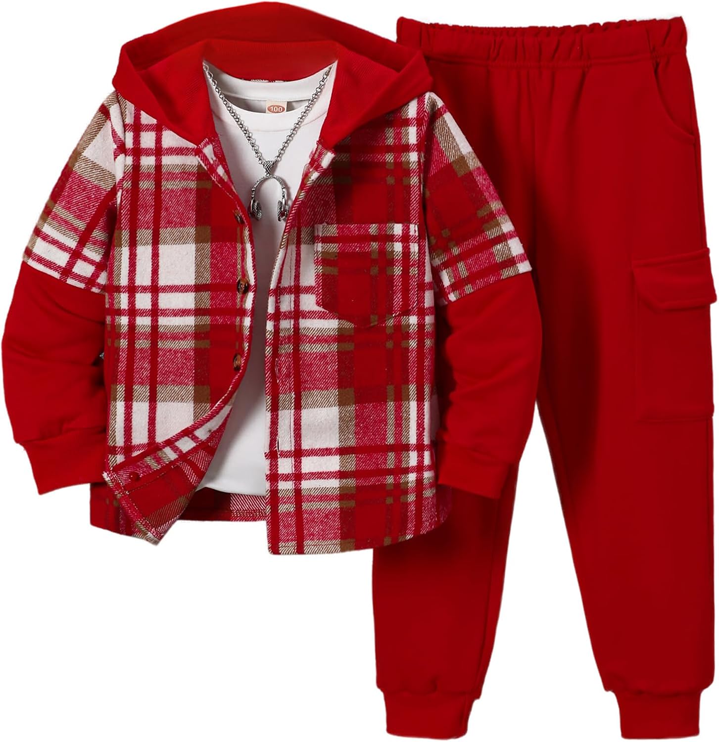 2Pcs Kids Boys Flannel Plaid Shirt Tops Pants Set Hoodie Sweatsuit for Fall Winter Spring Outfits 4-12 Years
