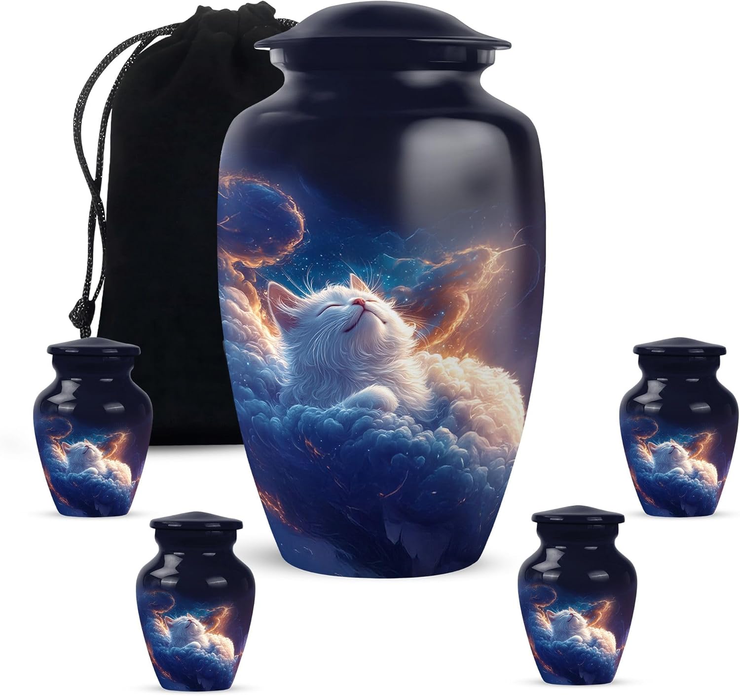 Cat with Flowers Urns - Pink Cat Urn for Ashes for Women - Funeral Cremation Urn with Kittens - Keepsake for Adults - Large Decorative Urns for Dad Mom Female (Combo of 5, 10 Inch & 3 Inch)