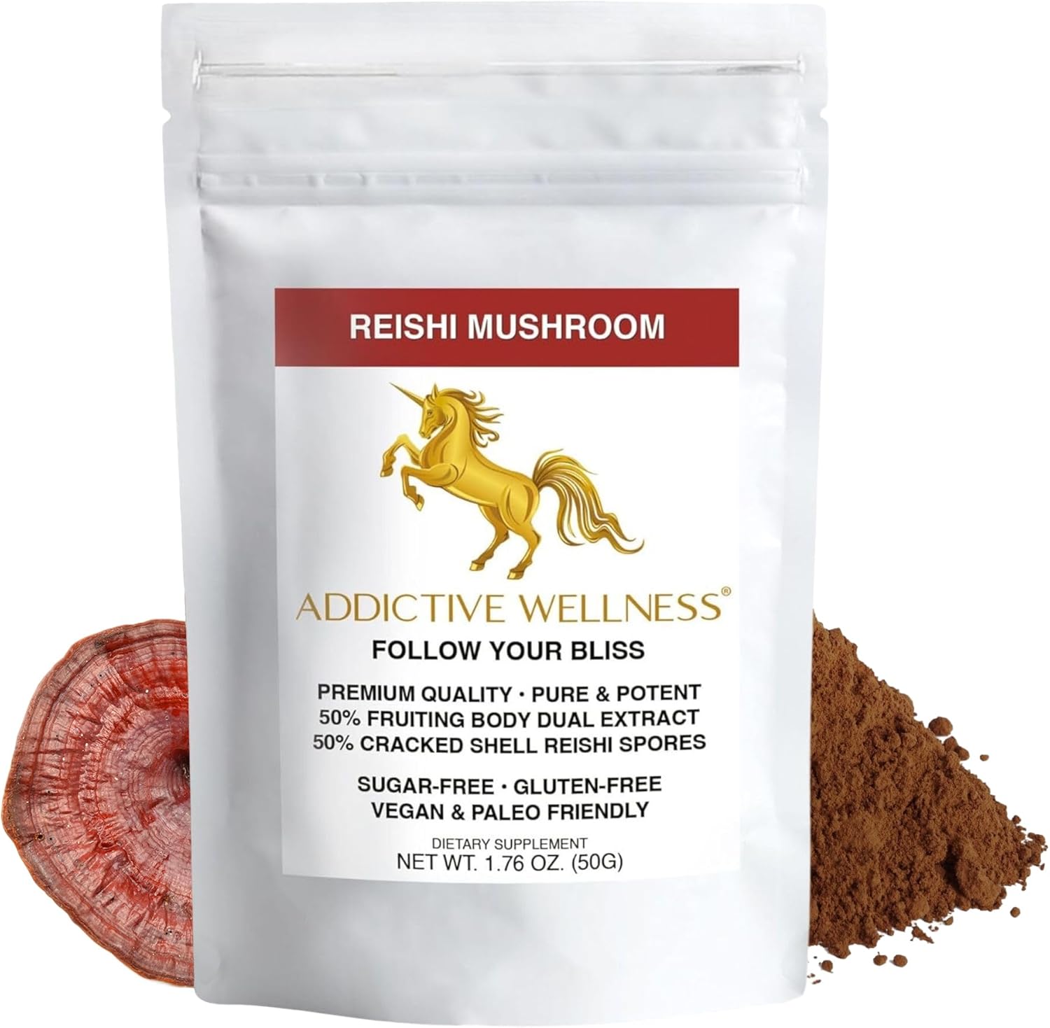 Addictive Wellness Reishi Mushroom Extract Powder + Spores (50/50 Blend) Wood Grown Pure & Potent Wildcrafted Ganoderma 50g (1.76 oz)