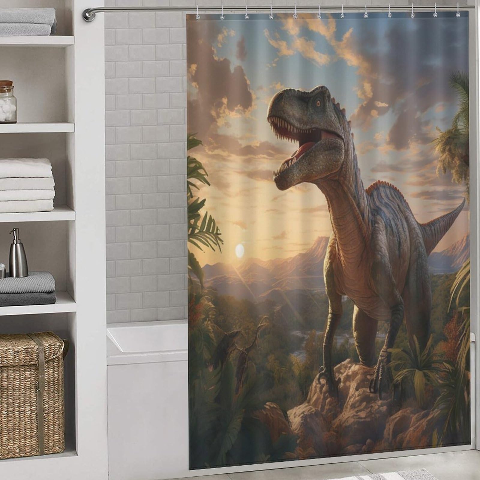 Rideau de douche dinosaure imperméable en tissu polyester lavable avec 12 crochets