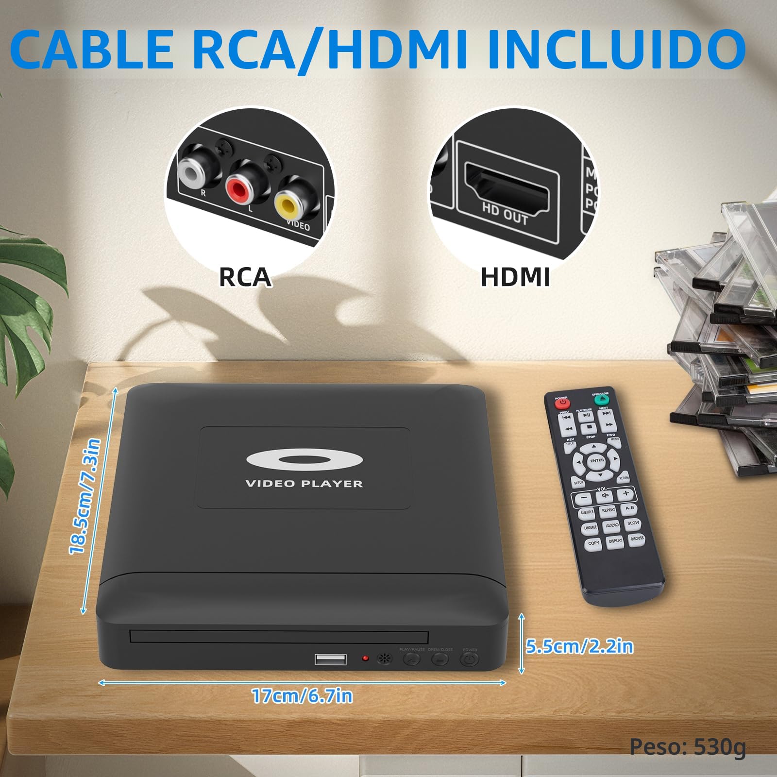 Mini HD DVD Player con HDMI, 1080P Region Free DVD Player para Smart TV, Cable de Salida HDMI/RCA Incluido, Menor Ruido, PAL/NTSC Integrado, Reproductor de CD para el hogar