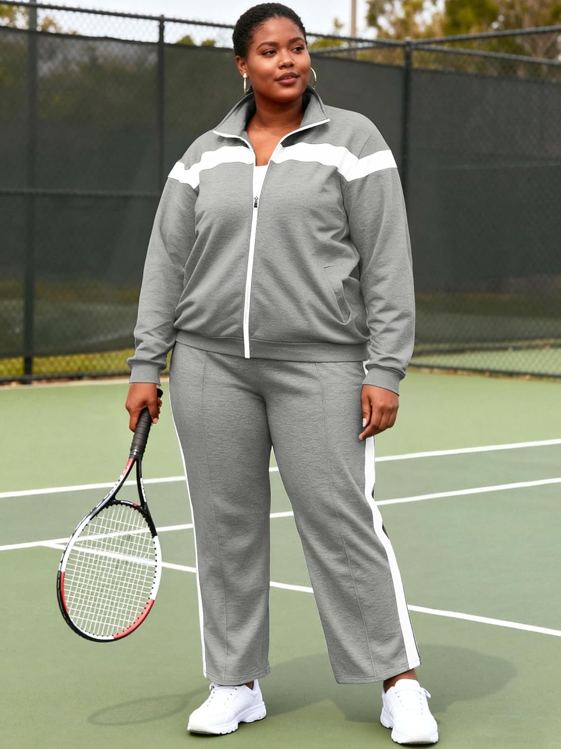 UOUA Plus Size Womens 2 Piece Sweatsuits Outfits Zip Up Jackets & Sweatpants Casual Loungewear Tracksuit Sets - Image 5