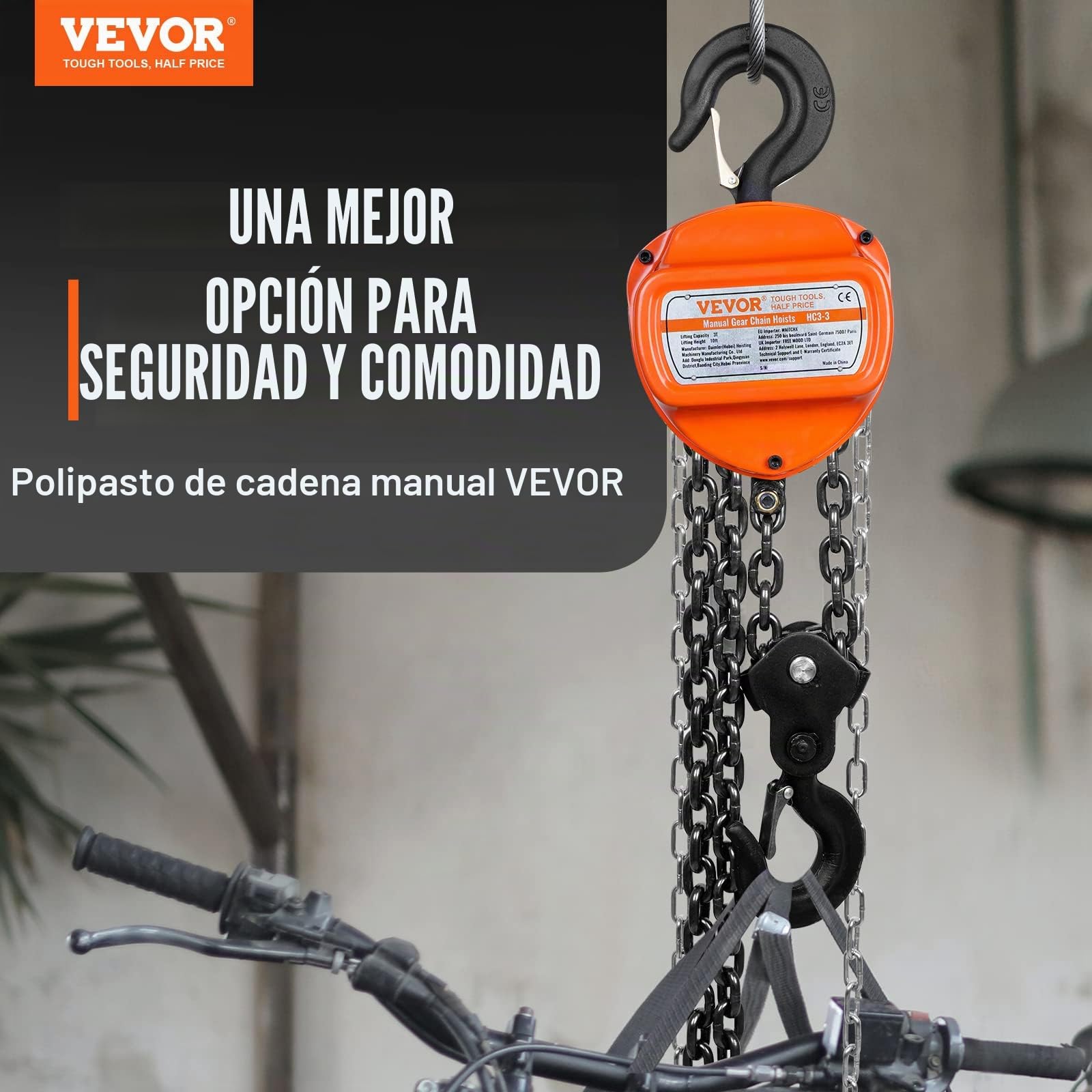 VEVOR Polipasto de Cadena Manual 3 T Polipasto de Cadena con Gancho de Bloque de 360° Altura de Elevación 2,8 m Acero Aleado G80 Guía de Cadena con Freno de Doble Trinquete para Garajes de Mercancías