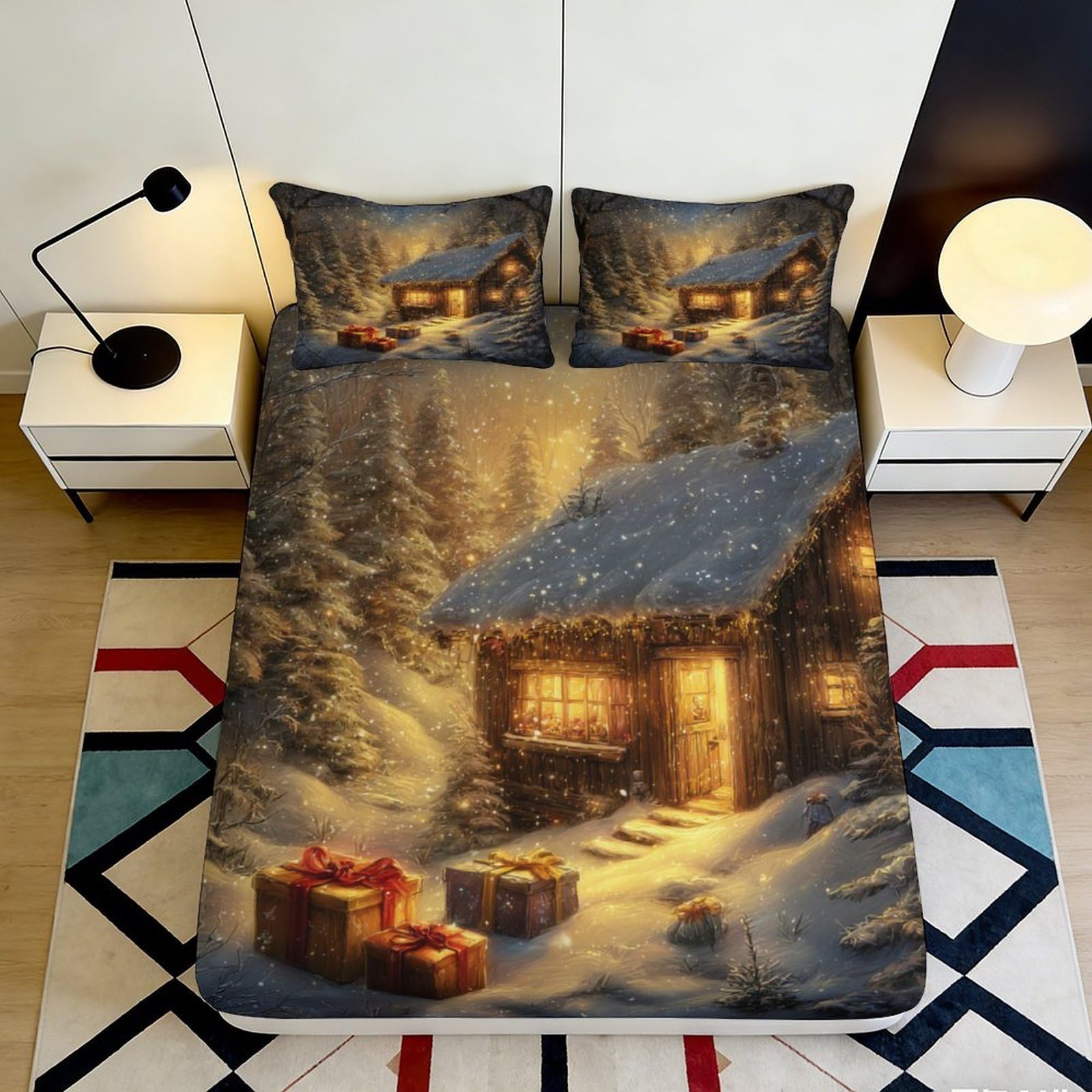 3D Printed Winter Cabin Fitted Sheet Microfiber Soft Snowy Forest Bed Cover for Bedroom Guest Room Decor Protection 160x200x25cm