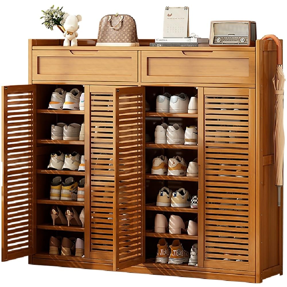 angelfanmily Bamboo Shoe Cabinet Large: 8-Tier Shoe Storage Unit with 4 Rattan Doors, Space Saving Shoe Storage Cupboard, Freestanding Shoes Rack Organizer for Hallway Bedroom Entryway