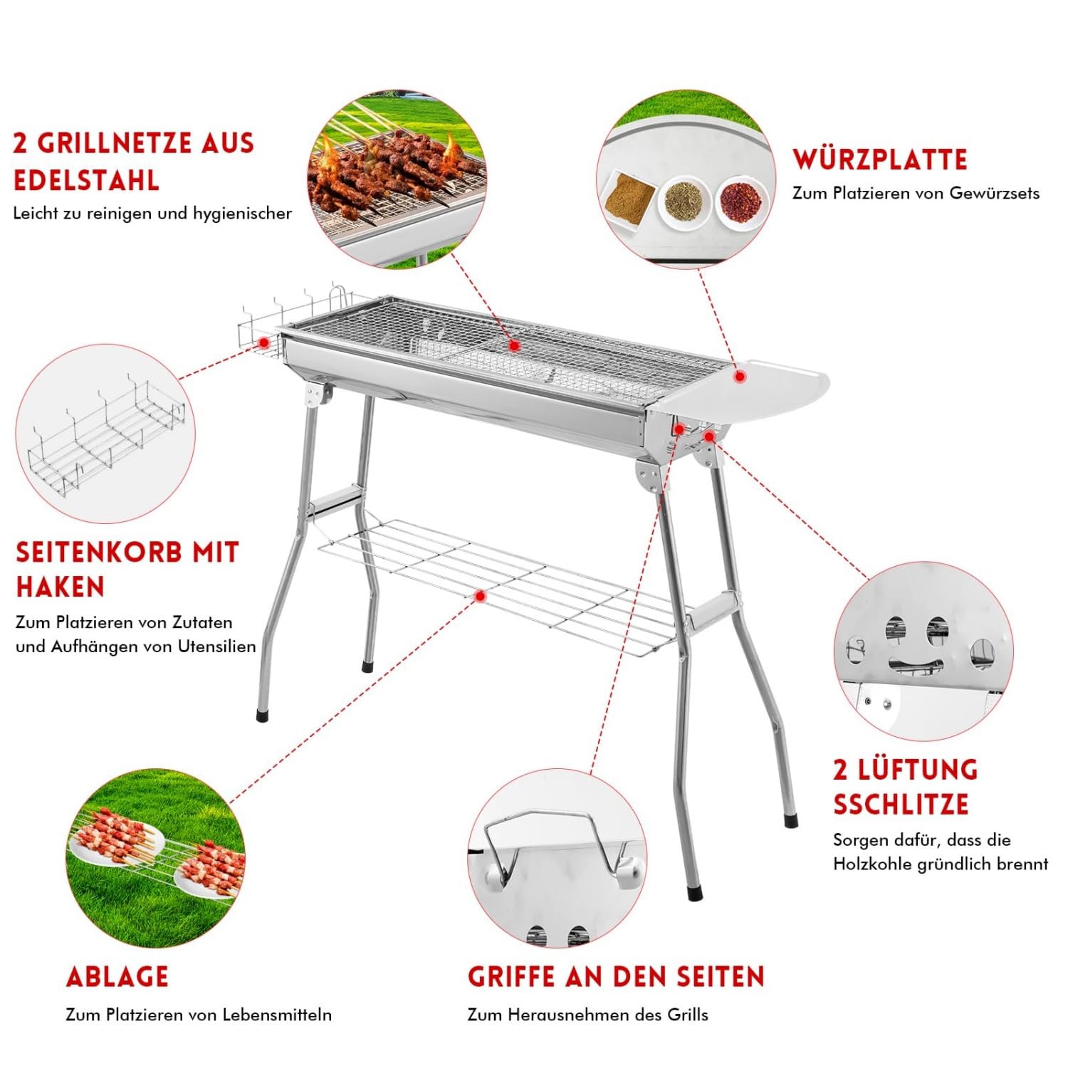 Składany grill BBQ ze stali nierdzewnej, przenośny z torbą do przechowywania, boczną półką, stojakiem na przyprawy i wiszącymi koszami, do gotowania na kempingu, w ogrodzie, na plaży i w domu