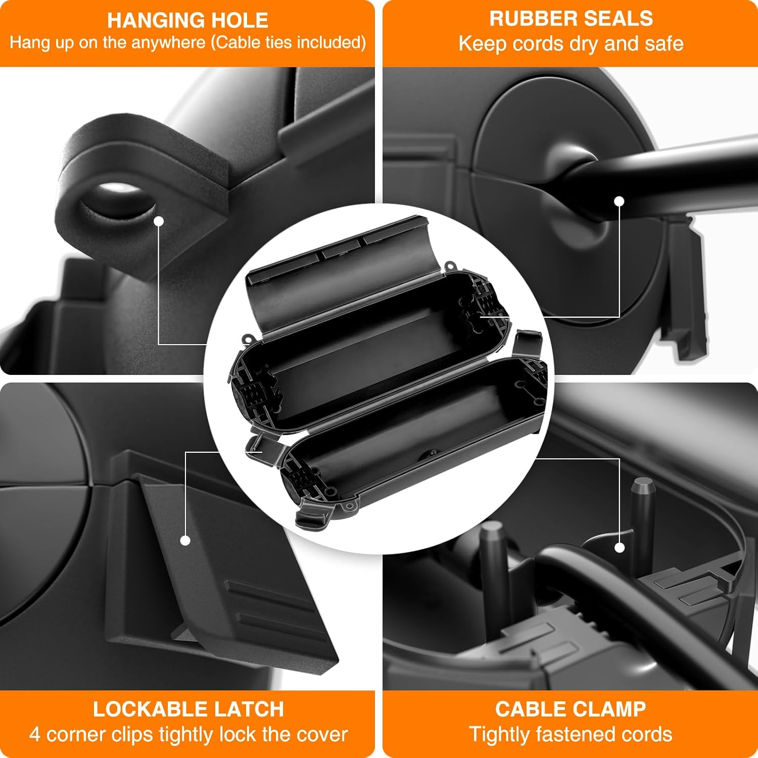 RESTMO Large Outdoor Electrical Box (12.5 x 8.5 x 5 inch) with 8 Pack Extension Cord Safety Cover (7.1 x 2.3 x 2.3 inch), Protect Power Strip, Outlet, Plug, Socket, Timer, Christmas Decoration, Holida