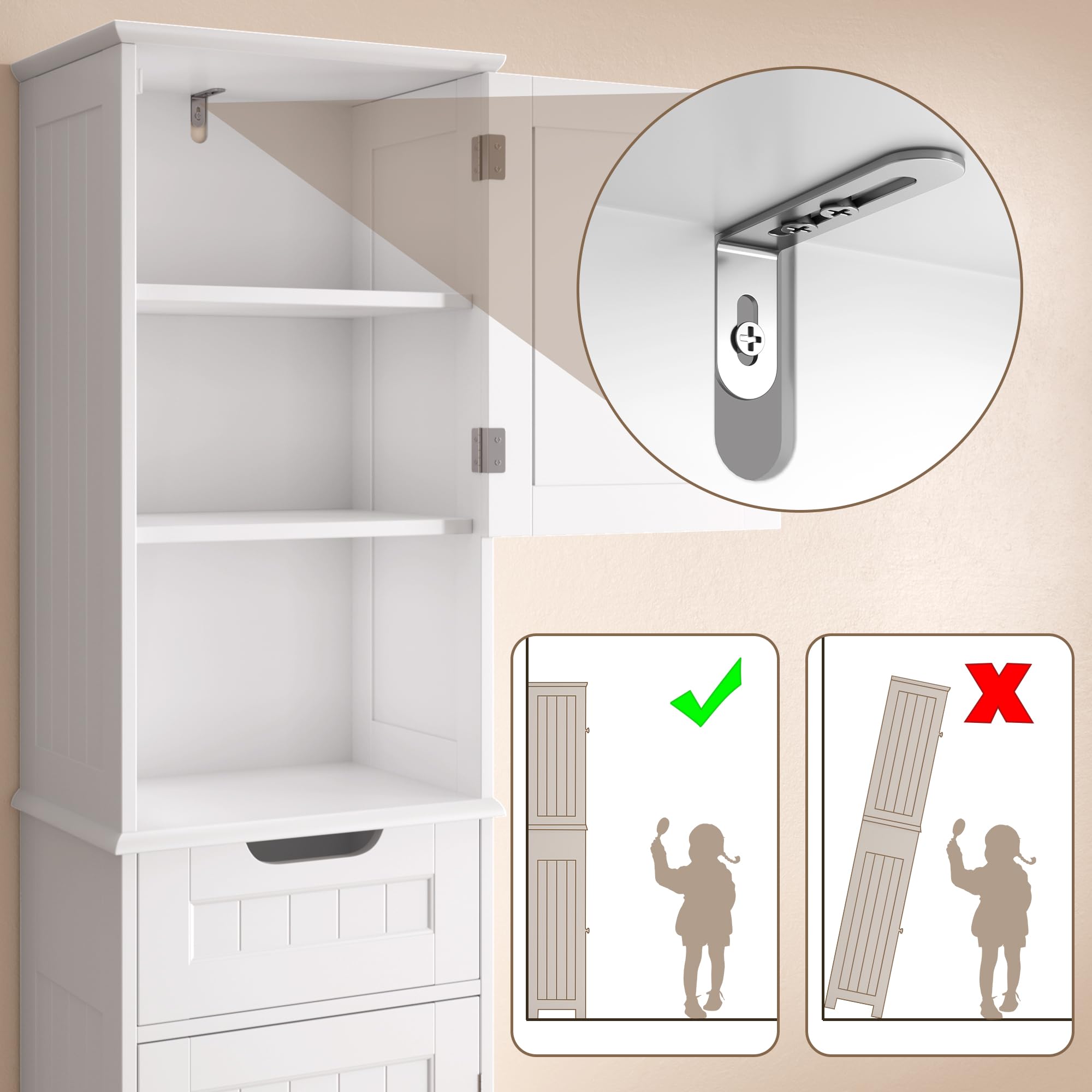Mobiletto da Bagno Alto con Ripiani Regolabili, Cassetto, Scomparto Aperto, Porte Magnetiche e Protezione Antiribaltamento – 170 x 40 x 30 cm (Bianco)