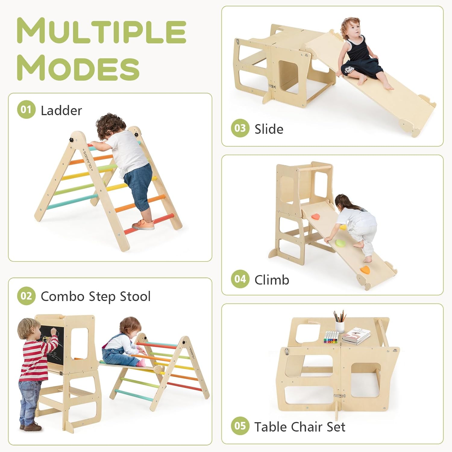 Olakids Pikler Triangle Set 8 in 1 Climbing Toys for Toddlers Foldable Wood Montessori Jungle Gym with Toddler Tower Angle Adjustable Ladder Ramp Slide Indoor Playground Baby Climber