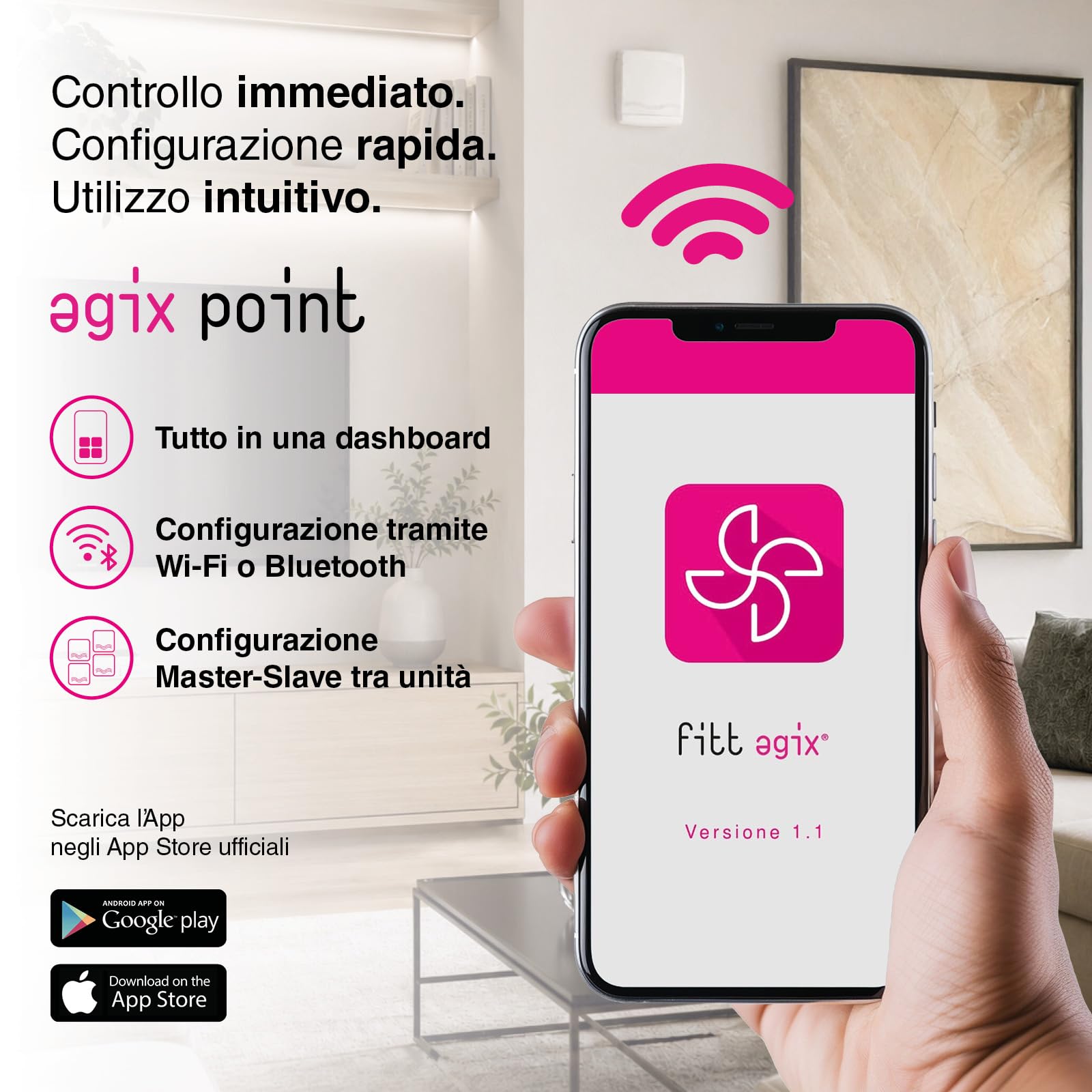 Flat 60 – Unità di Ventilazione Meccanica Controllata (VMC) decentralizzata con recupero di calore, portata 60 m³/h, controllo tramite App AgixPoint