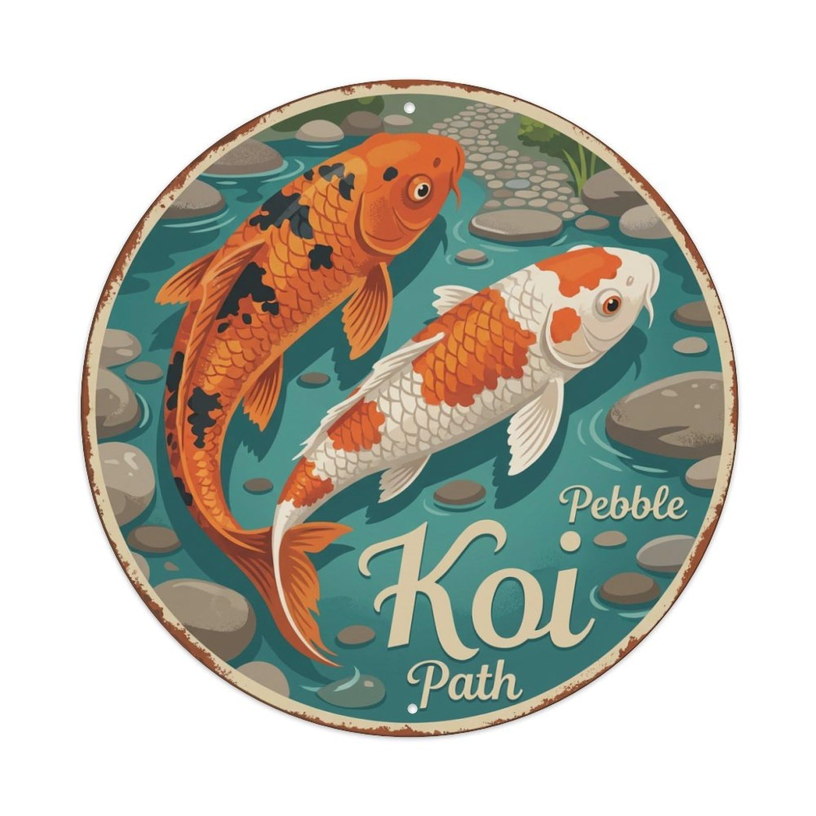 Koi Fish Pebble Path Waters Stepping Stones Garden Walk Metal Tin Sign