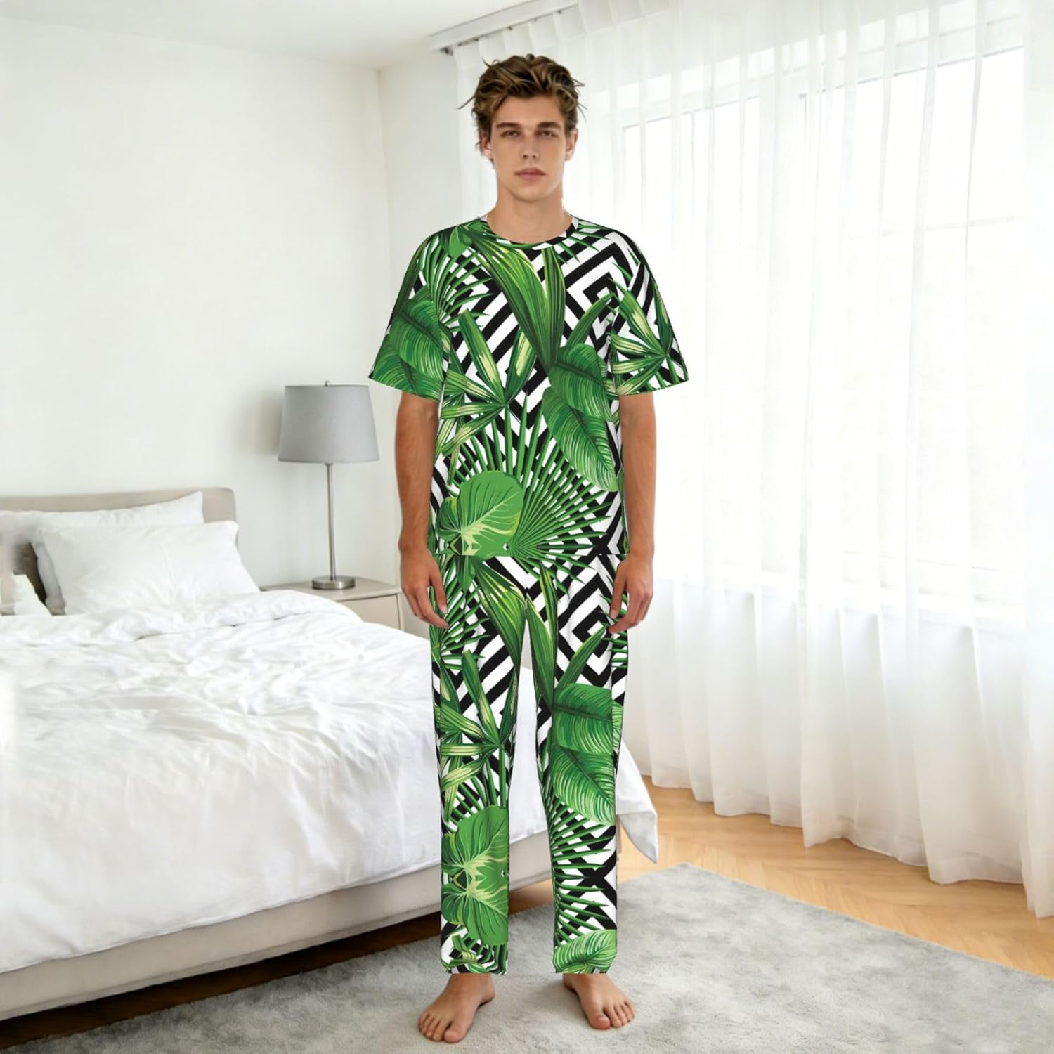 Men'S 2 Piece Loungewear Pajama Set Tropical Leaves Print Short Sleeve Tee Top And Pants Set S-3xl