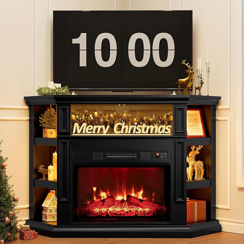 Naice 47" Corner Fireplace TV Stand for 55-Inch TVs with Storage, Black