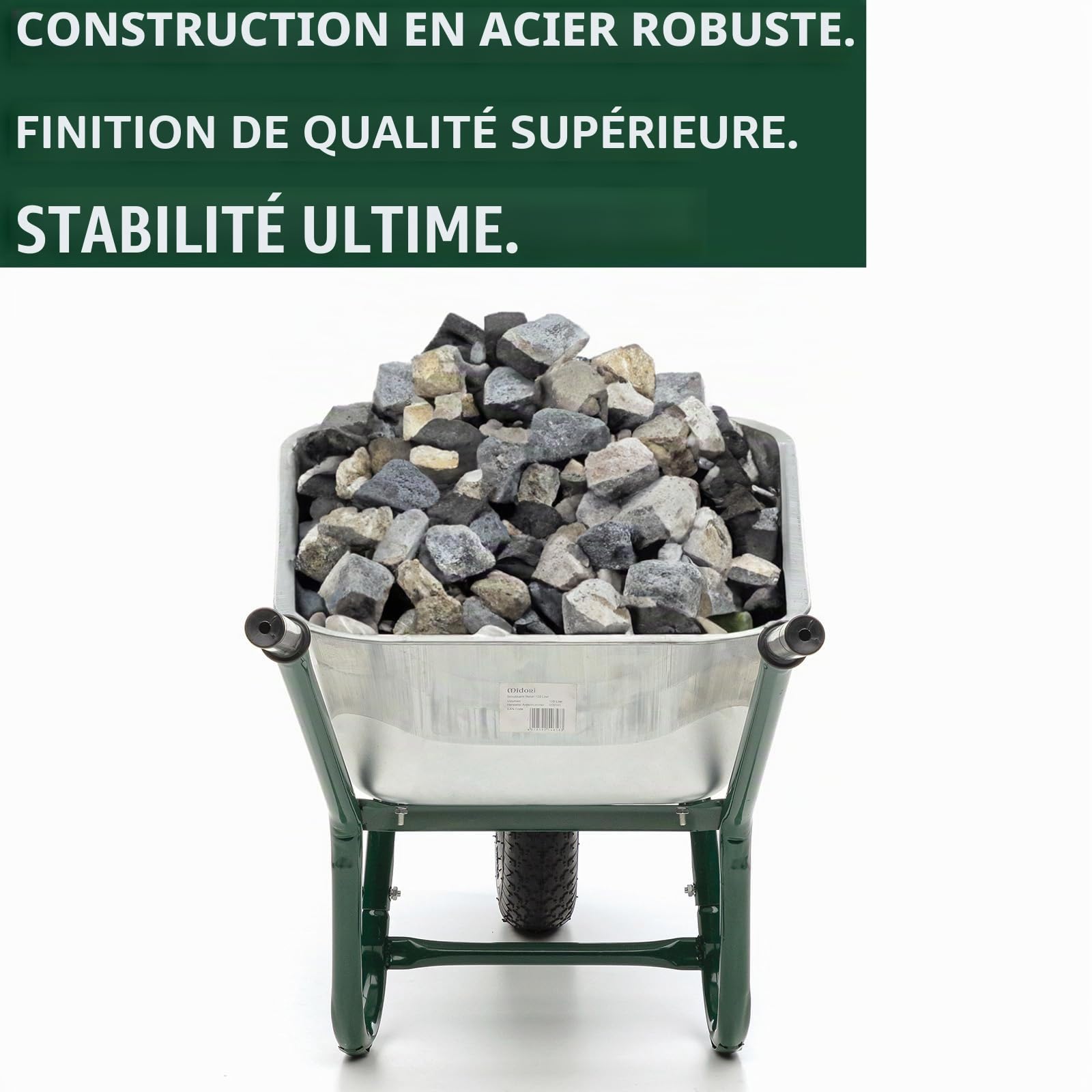 Brouette MIDORI de 100 litres avec capacité de charge de 210 kg, Pneus Pneumatiques, Cadre et Jante en Acier, Galvanisé, Tippable, Antidérapant, Résistant aux intempéries
