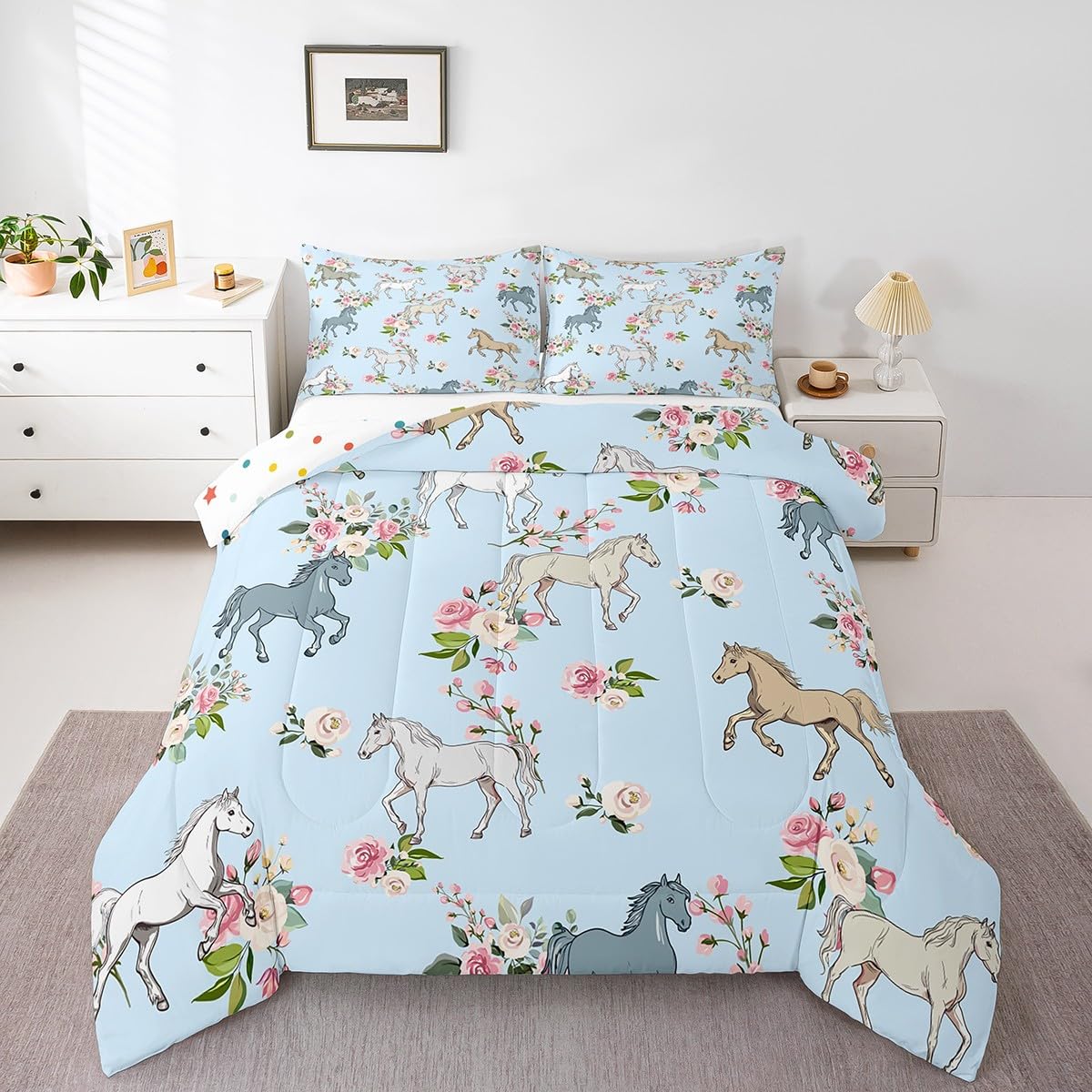 Horse Quilt Full Size, Farmhouse Western Cowboy Cowgirls Duvet Insert for Kids Boys Girls Teens, Cartoon Kawaii Horse Bedding Set, Rustic Rose Floral