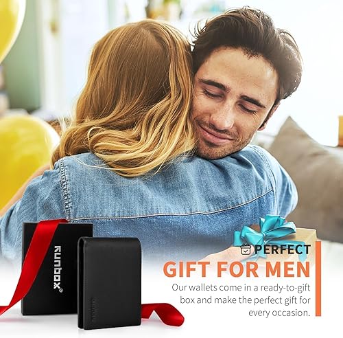 Miniatura 6 de Cartera de cuero genuino para hombre, 12 tarjetas, billetera plegable con bloqueo RFID con 2 ventanas de identificación, tarjetero con caja de regalo