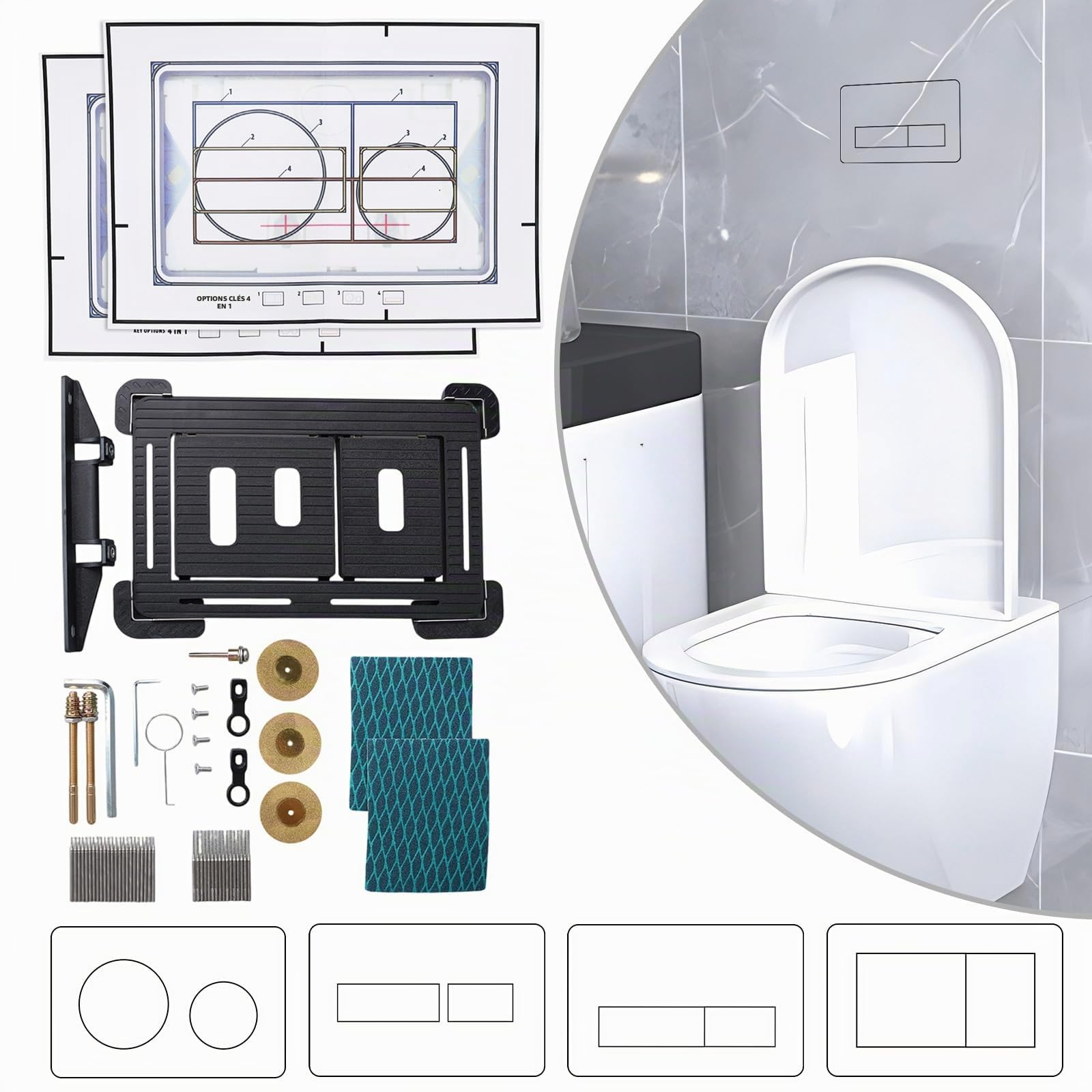 Plaque de commande cachée à carreler pour Geberit Sigma avec support magnétique, plaque de pression WC pour geberit, avec gabarit de coupe et accessoires de fraisage, noir, 22,2 x 14 cm