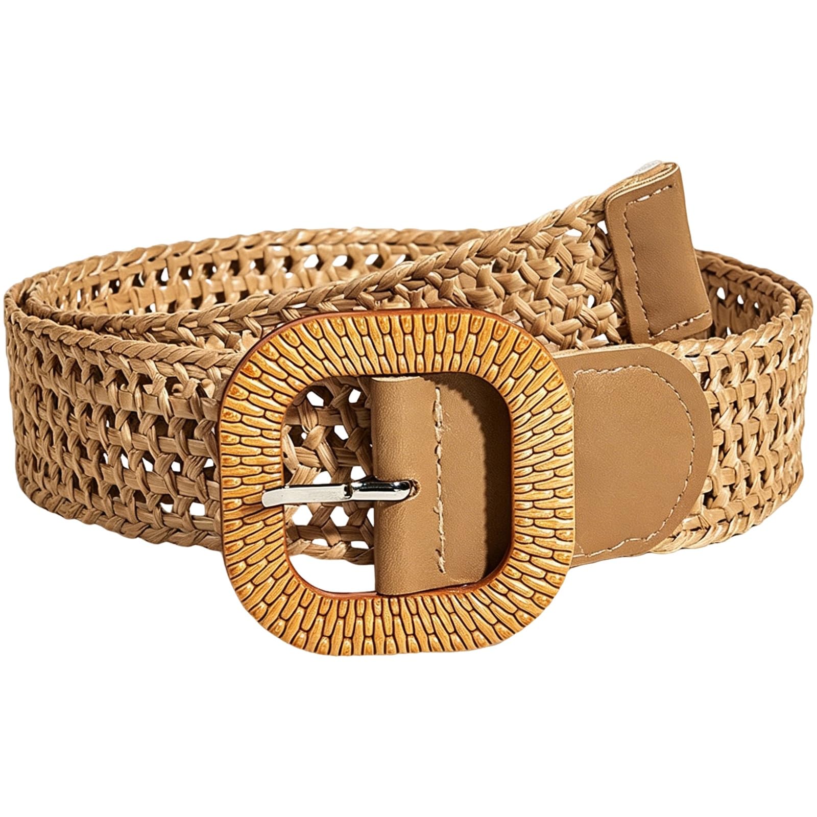 Agutalithic Women's Brown-Style1 Boho Woven Hollow Straw/Canvas Belt 4Cm Wide Braided Rattan Strap Fashion Waistband For Dress Jeans Pants(130Cm/51, )